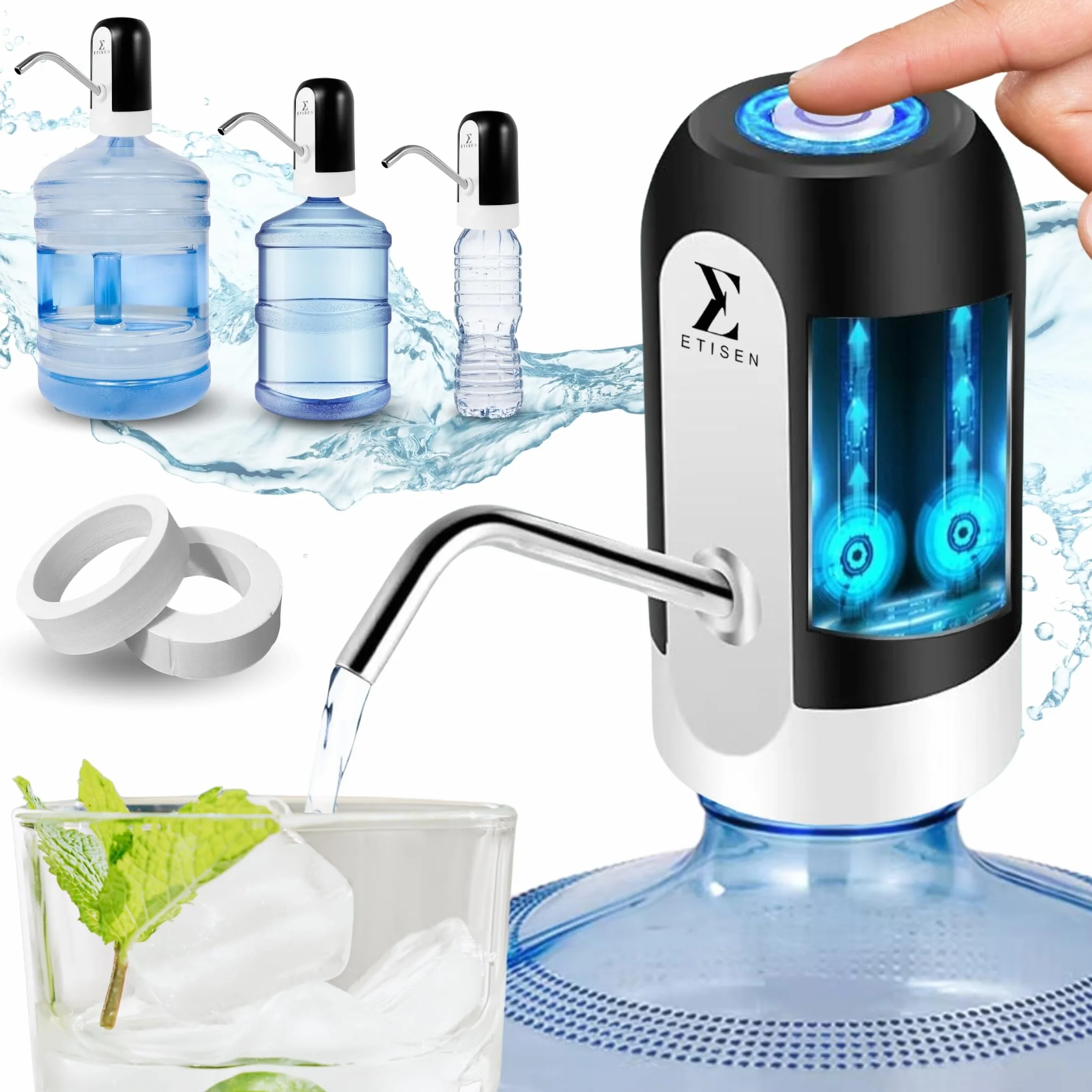 Dispensador de Agua, Grifo eléctrico para garrafas de Agua fría, Bomba dosificadora con Dos adaptadores. 5.7L, 10L, 11.3L, 15L, 18.9L.