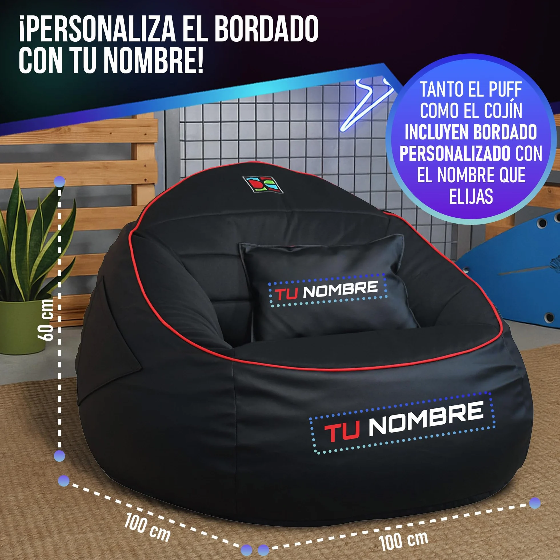 DECORESTOR Puff Gamer Personalizado con Nombre - Relleno y Respaldo Incluidos - Bean Bag XXL Gigante - Regalo para Niños y Adultos - 100% Polipiel