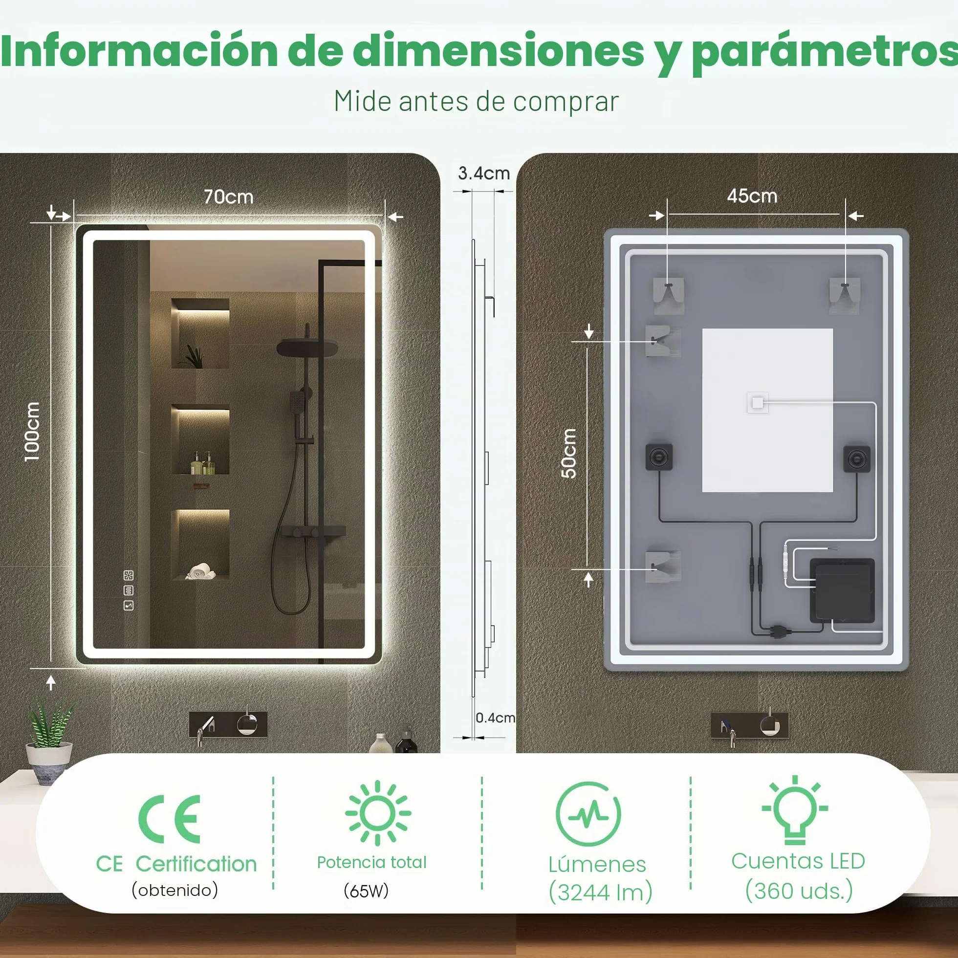 S'bagno Espejo Baño LED Bluetooth 100x70cm IP44 Antivaho Regulable 3000K/4000K/6500K