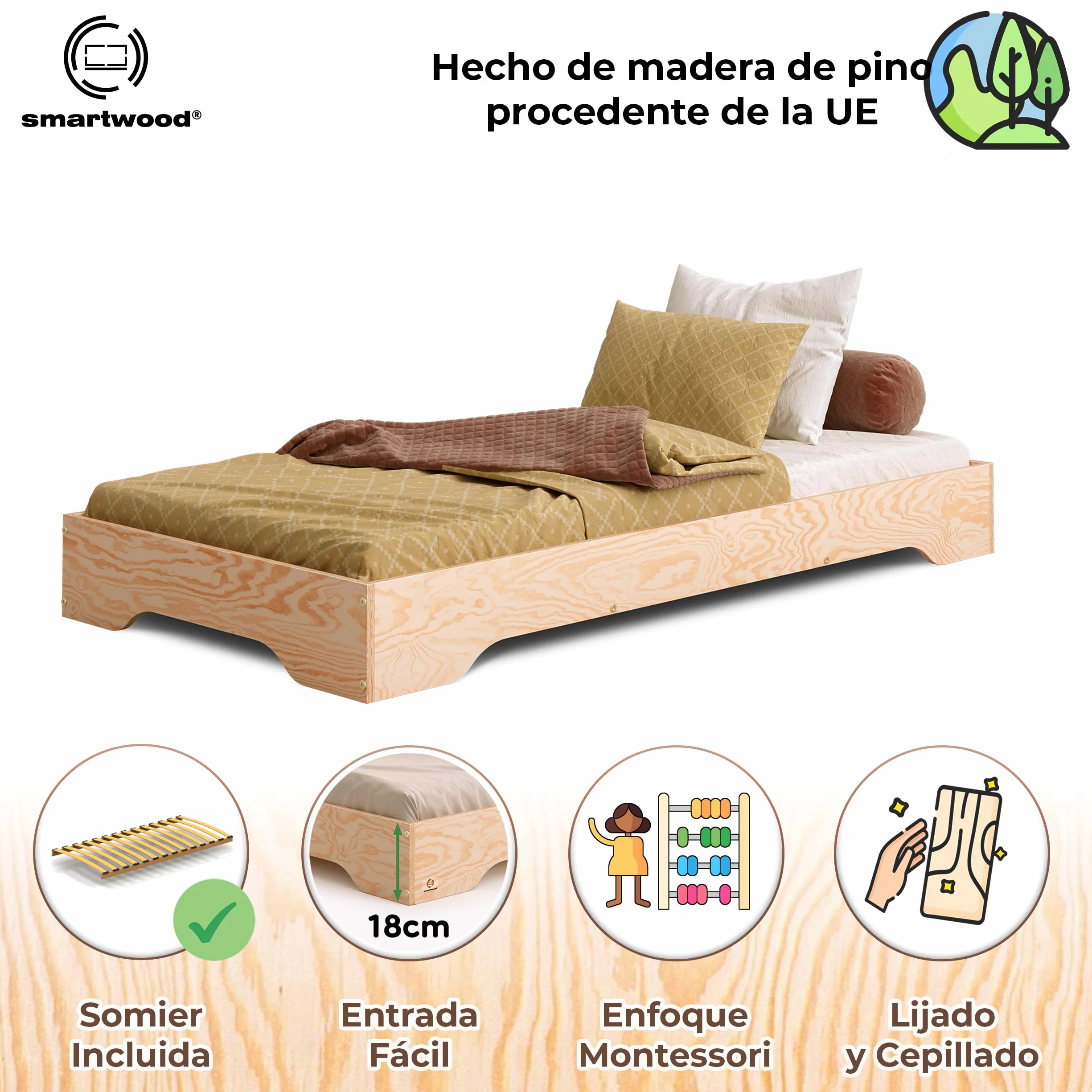 smartwood Cama Montessori 140x200 cm - Cama Infantil de Madera de Pino Certificada FSC con Somier de Listones - Capacidad de Carga 300 kg - para Niño y Niña - Montaje Sencillo - TILA 7