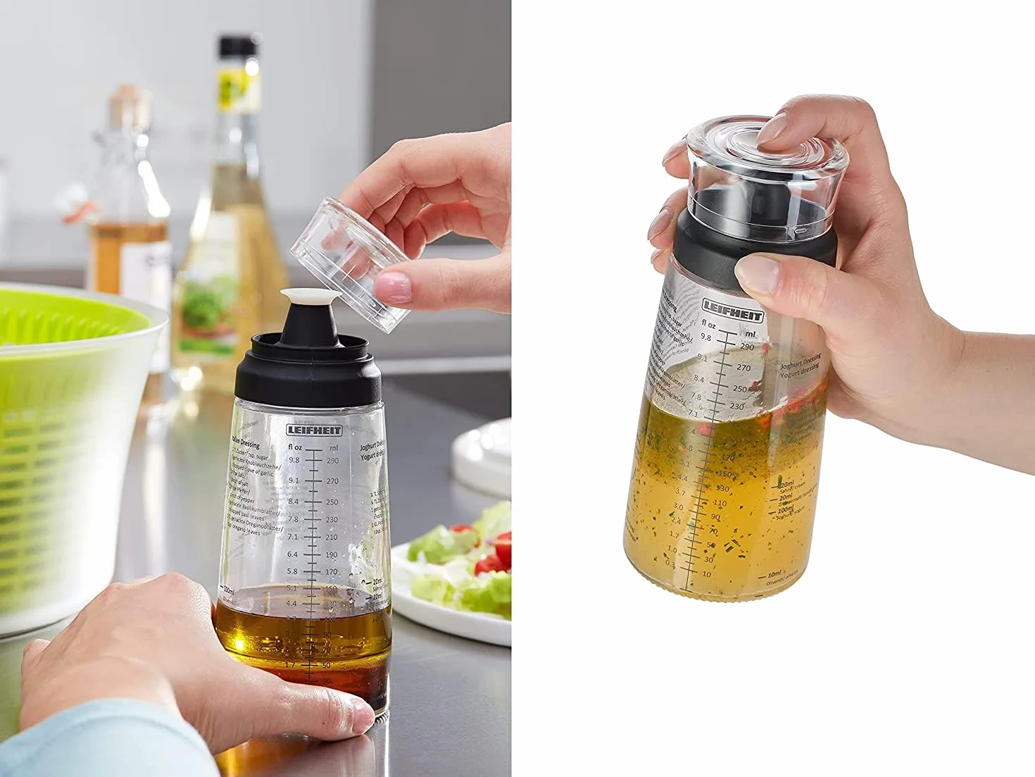 Leifheit Mezclador de aliños de vidrio 300 ml, vaso con salida antigoteo