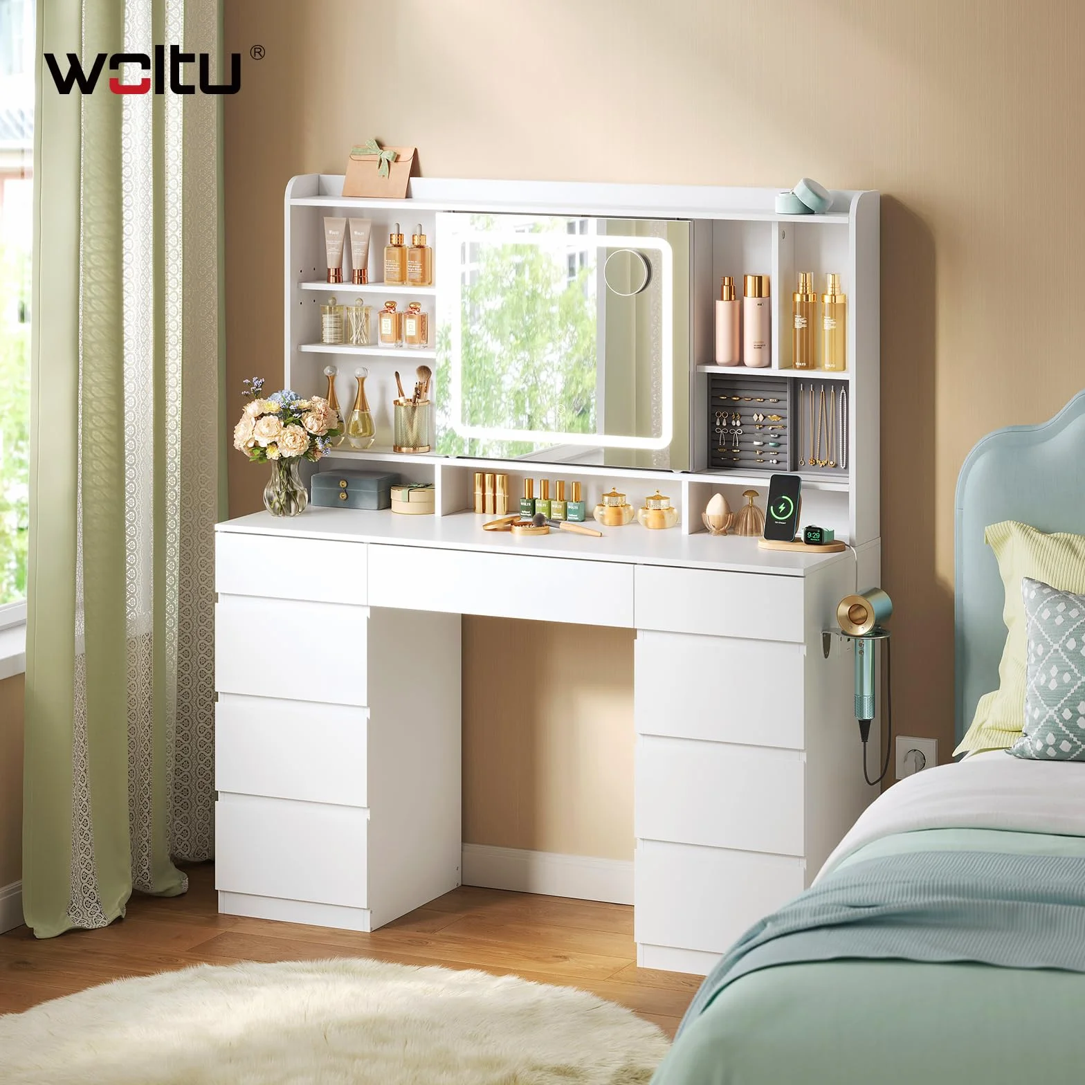 WOLTU Tocador de Maquillaje con 9 Cajones, 1 Bandeja de Joyas, Mesa Tocador Blanco con Espejo y Luz LED Ajustable, Estantes Abiertos, Estilo Moderno para Dormitorio