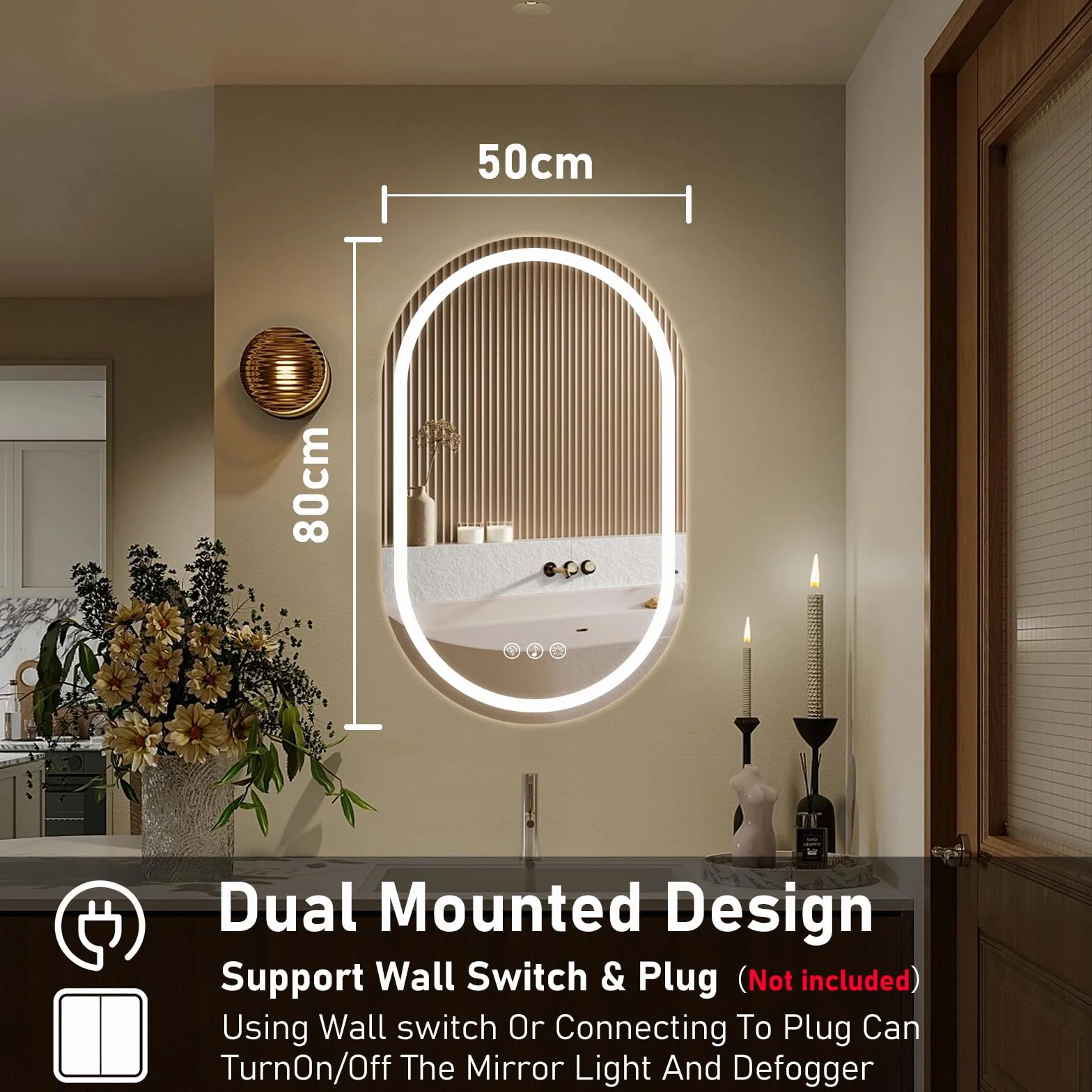 Ratsamee Bluetooth Espejo de Baño Ovalado con Luz 50x80cm, Espejos de Baño con LED con Antivaho, Regulable, 3 Colores Luz, Función Memoria