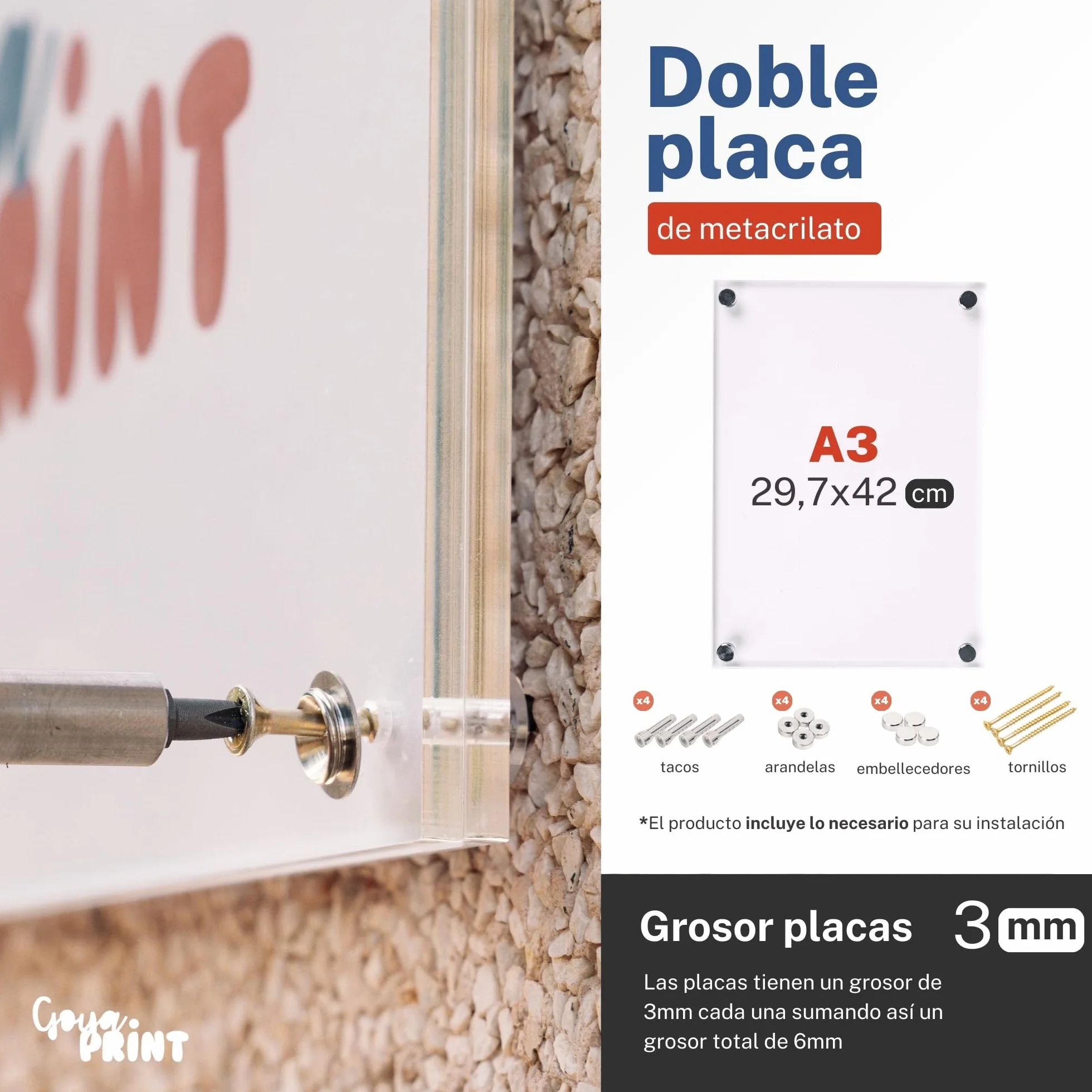 GOYAPRINT Placa de Metacrilato Transparente 29,7x42 cm Marco Acrílico A3 3+3 mm