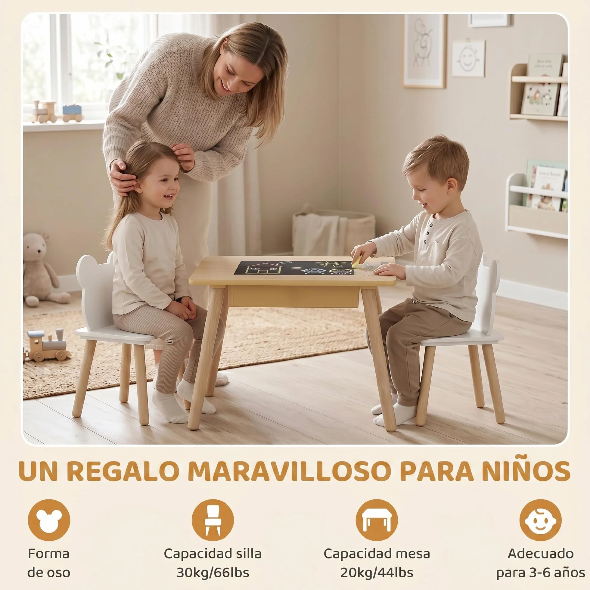 AIYAPLAY Juego de Mesa y 2 Sillas Infantiles de Madera con Pizarra, Respaldo Osito y Compartimentos, Natural y Blanco