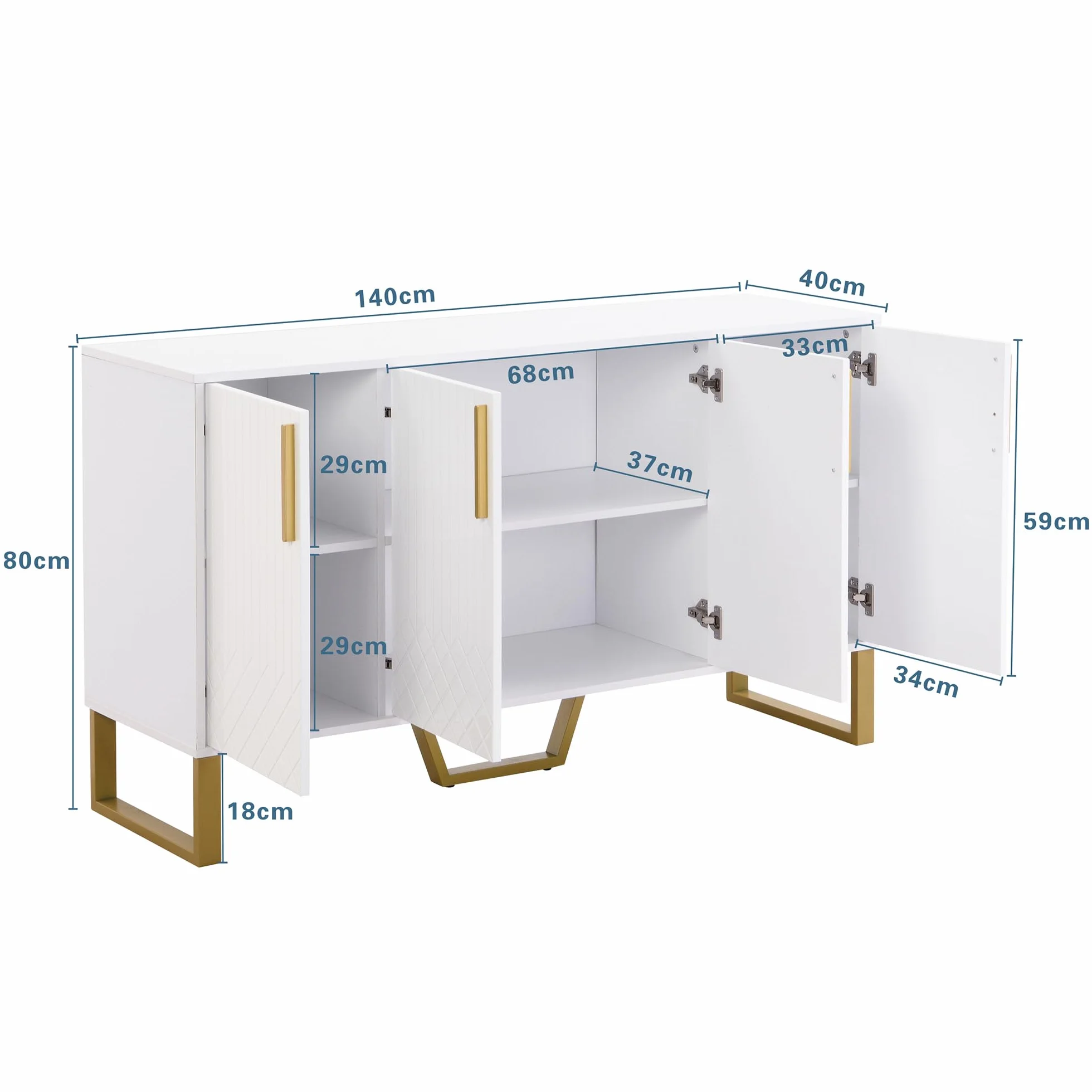 Aparador brillante, 4 puertas, tiradores y patas de metal, diseño geométrico en blanco, 140L*40L*80H, apto para salas de estar
