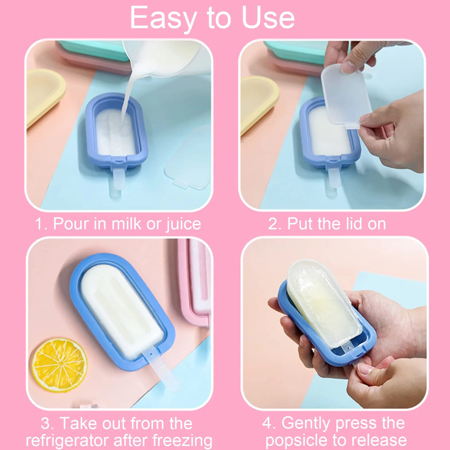 Juego de 4 Moldes de Silicona para Helados con Asas, Moldes Paletas Chocolate Multicolor