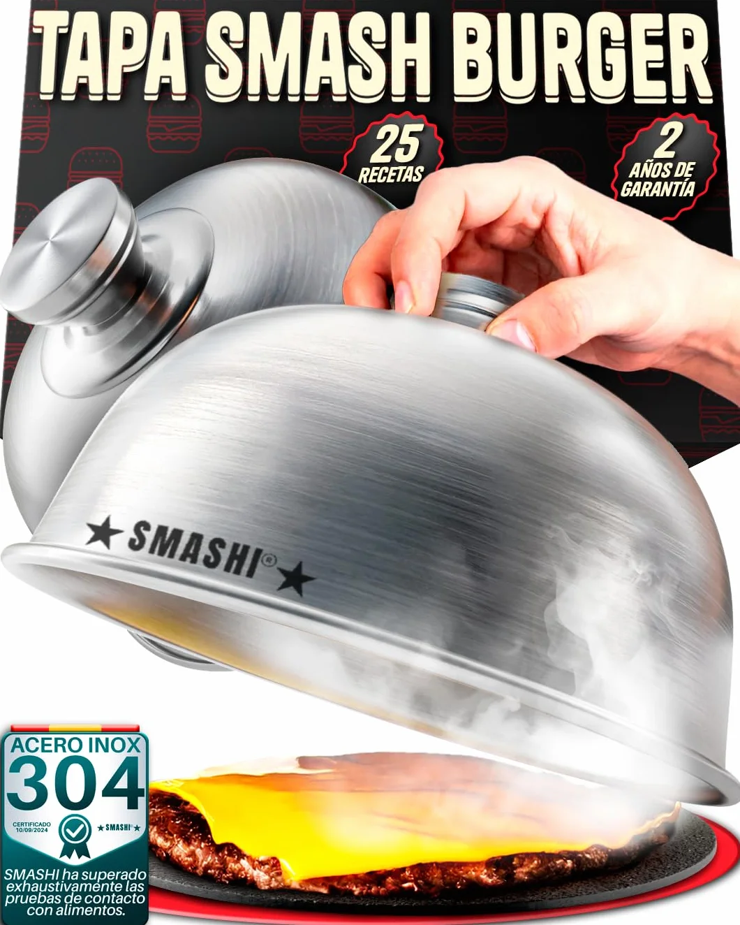 SMASHI® Set de 2 Campanas para Smash Burger – Tapa de Acero Inoxidable 304, Diámetro 16cm