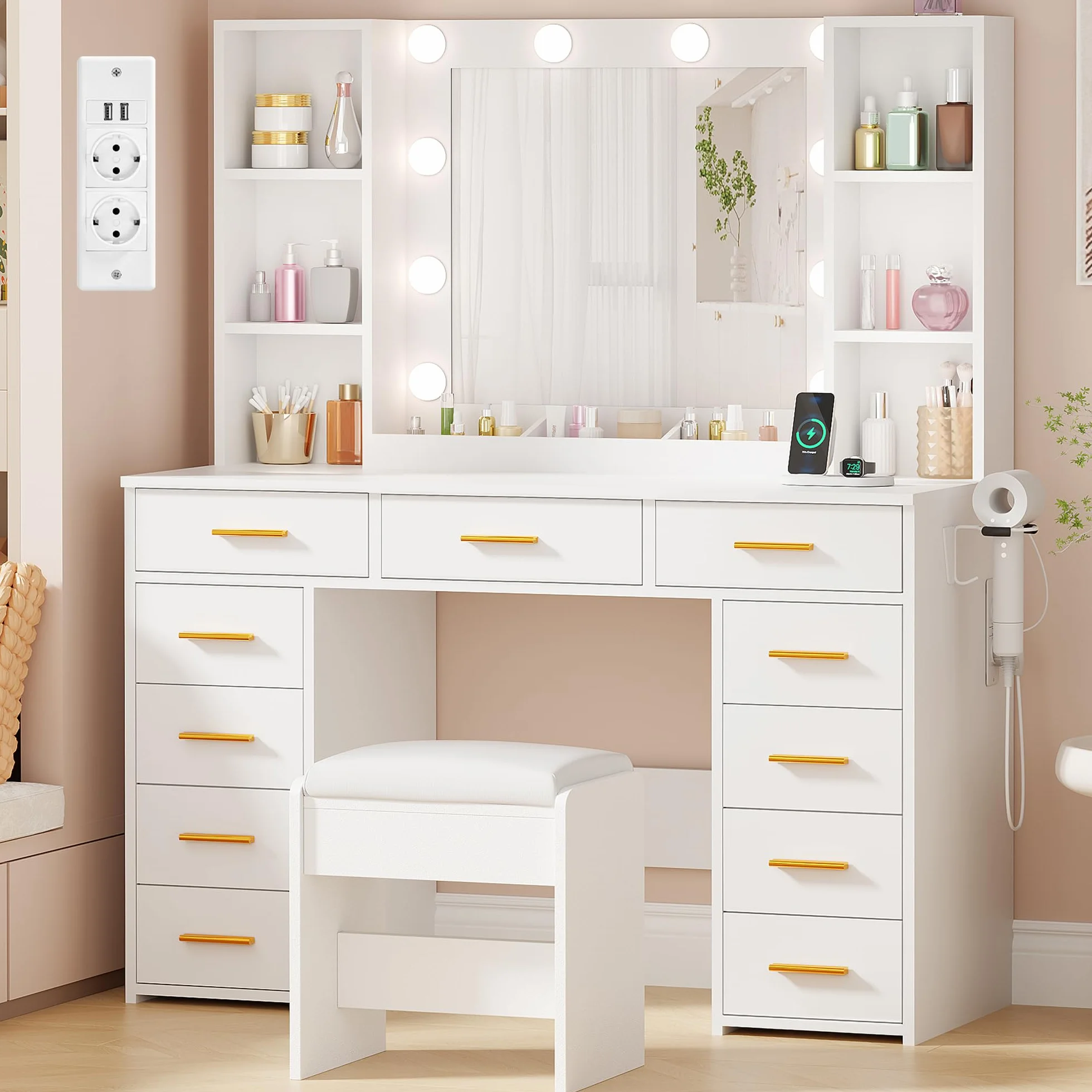 ANWBROAD Tocador de Maquillaje Grande con Luz LED y Enchufes 140x110x40cm BDT86W