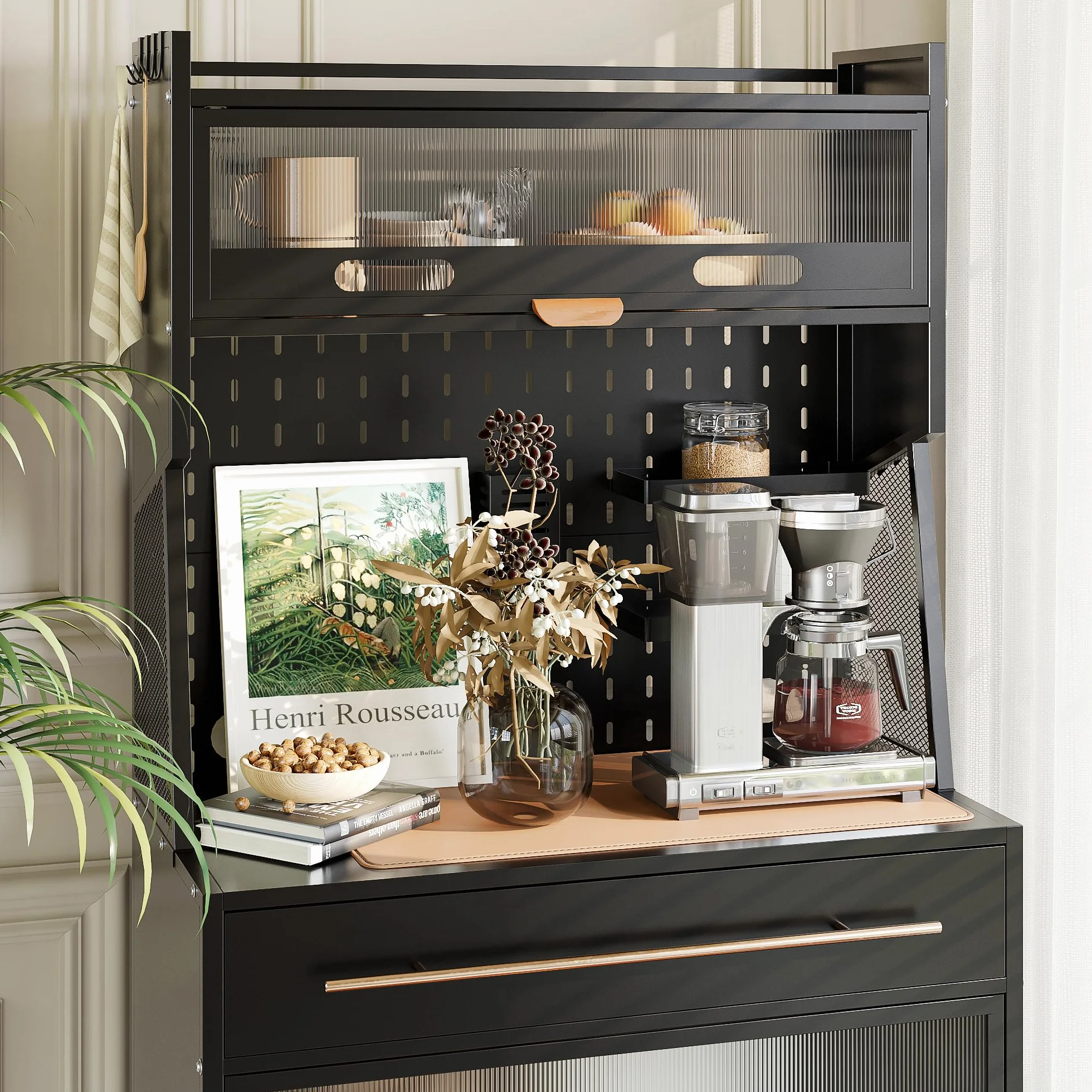 NETEL alacena de Cocina con encimera, Mueble Cocina almacenaje, Mueble microondas,Mueble de Cocina, Armario despensa Cocina, armarios de Cocina, Mueble cafetera,estanteria Cocina，Negro, 80x42x168cm