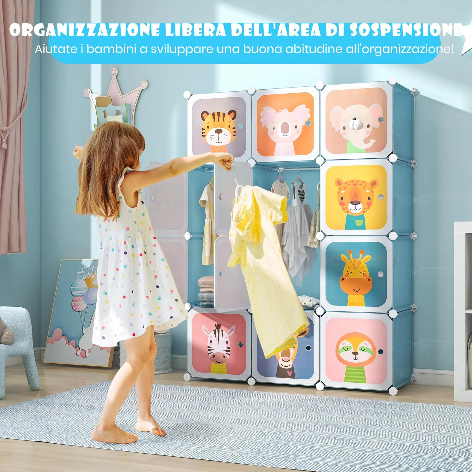 RELAX4LIFE Armadio Modulare a 12 Cubi per Bambini con 2 Barre Appendiabiti, Mobile Salvaspazio per Cameretta, Portata 10 KG per Cubo, Azul Animal
