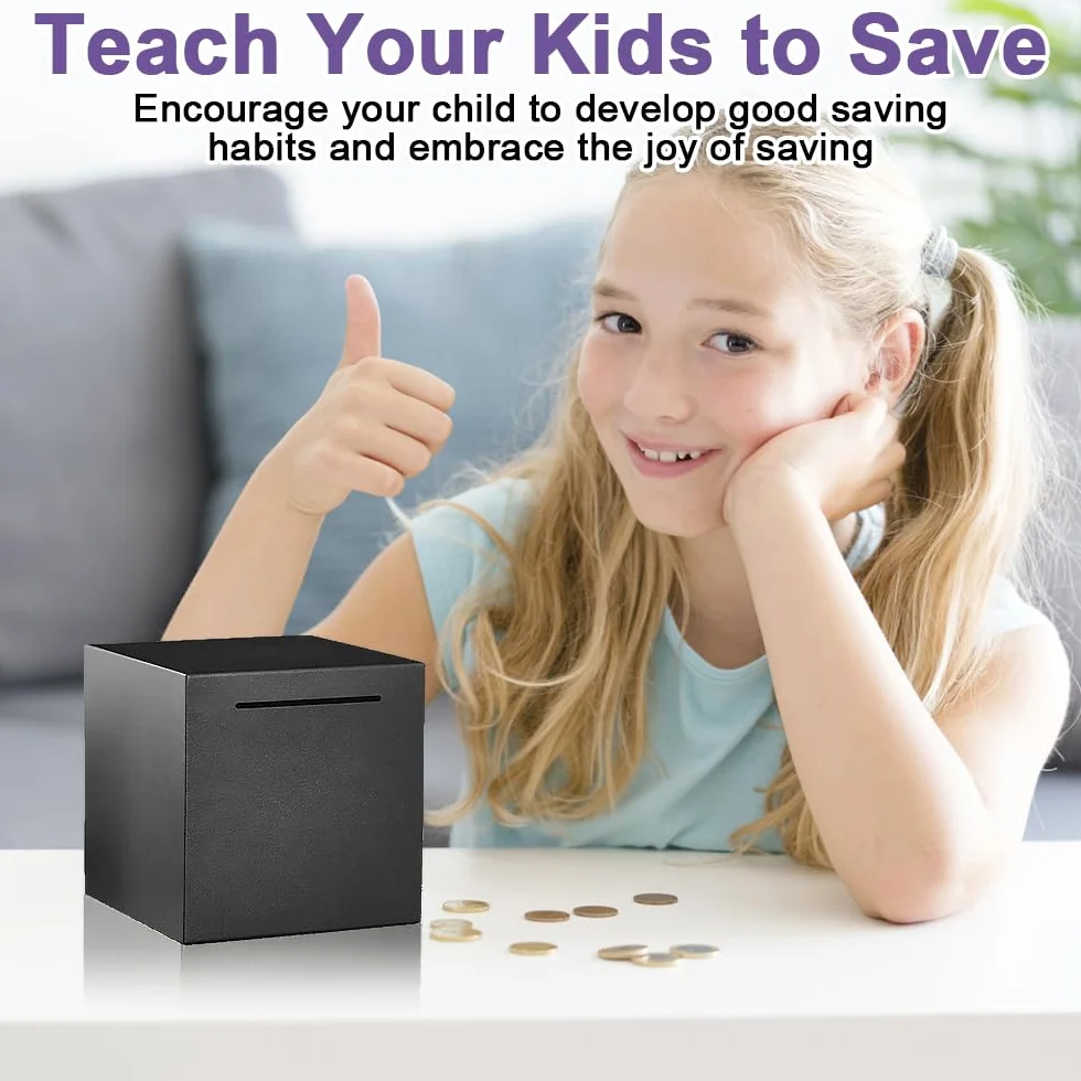 Hucha 12 x 12 cm, hecha de acero inoxidable, debe romperse para abrir, caja fuerte de acero inoxidable para adultos y niños (negro)