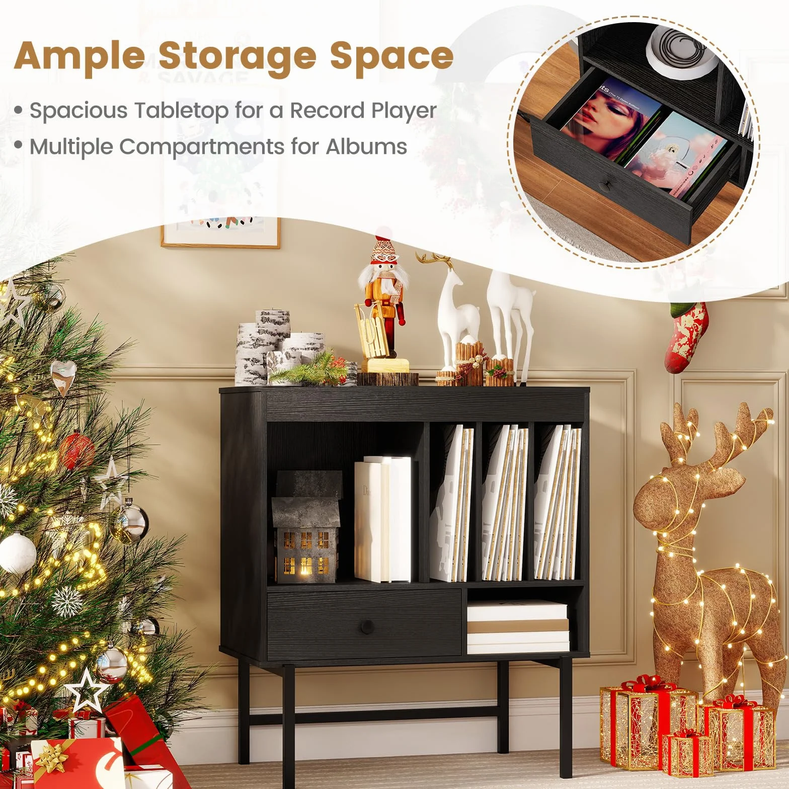 KOMFOTTEU Soporte para Tocadiscos, Mueble para Discos de Vinilo con Cajón y Compartimentos Abiertos, Negro