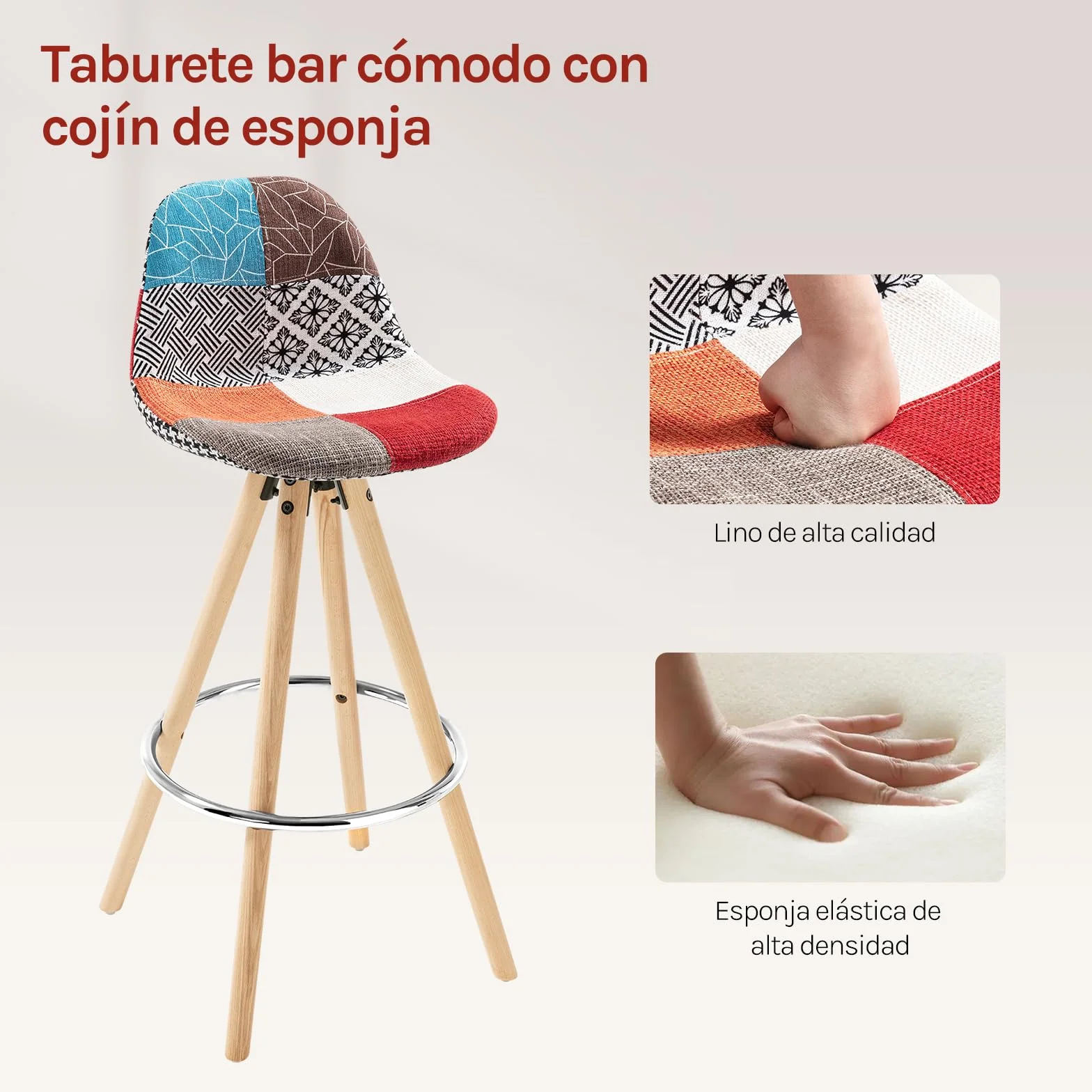 WOLTU Juego de 2 Taburetes de Bar con Respaldo y Reposapiés, Tela, Multicolor