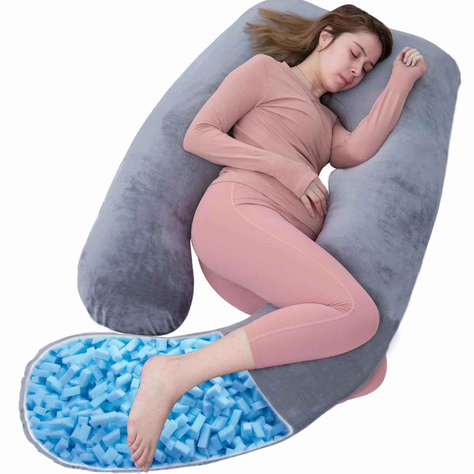 Almohada de maternidad en forma de U de espuma viscoelástica triturada con funda | La espuma triturada alivia el dolor de espalda y cadera, funda de terciopelo suave y transpirable, extraíble y lavable