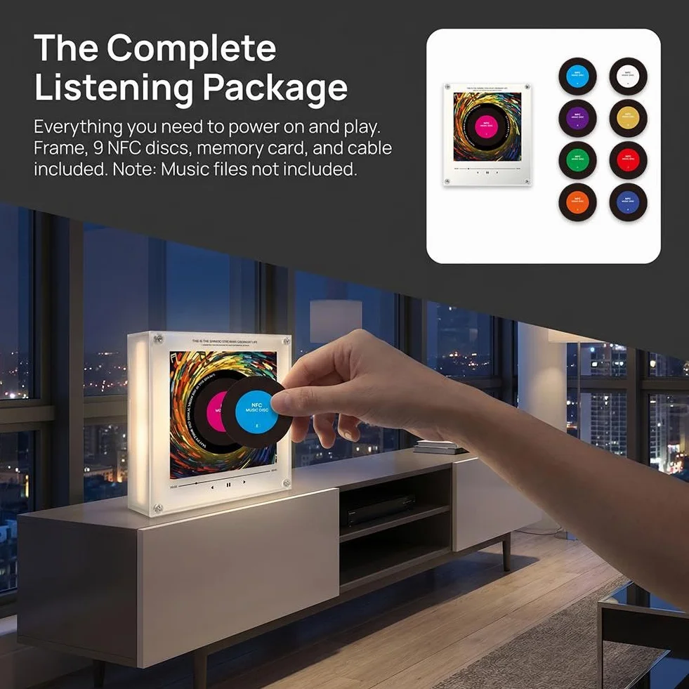 Reproductor de música NFC acrílico 7.9 pulgadas con luces LED integradas, 9 discos preconfigurados