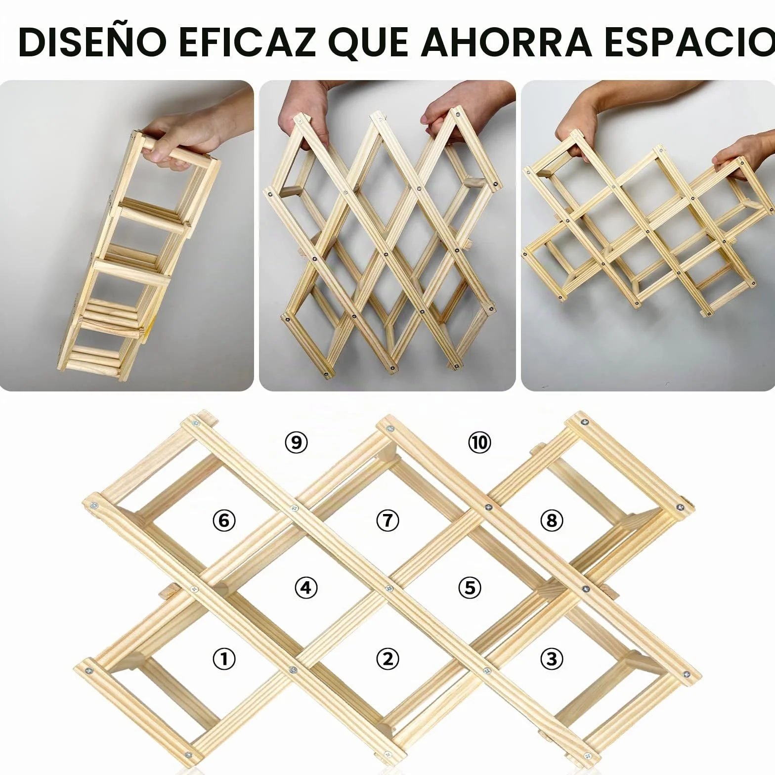 Newaner botellero vino plegable almacenar 10 botellas de vino 45X12.5X31CM, estante de madera hecho a mano de 3 niveles , Organizador de Vino presentación para bar, sala de estar y cocina