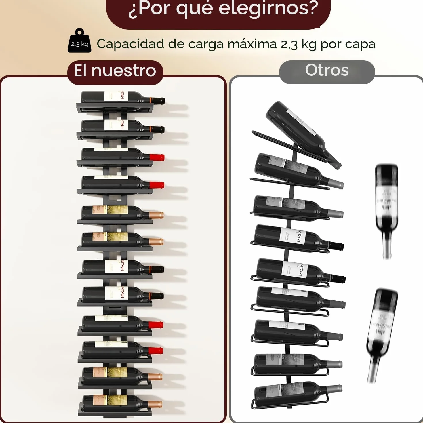 IBUYKE Botellero Pared para 12 Botellas, Botellero Vertical de Metal para Botellas de Vino,Licores, Champán,Estante de Vino Montado DIY para Cocina, Comedor, Bar, Negro, TMJ909B