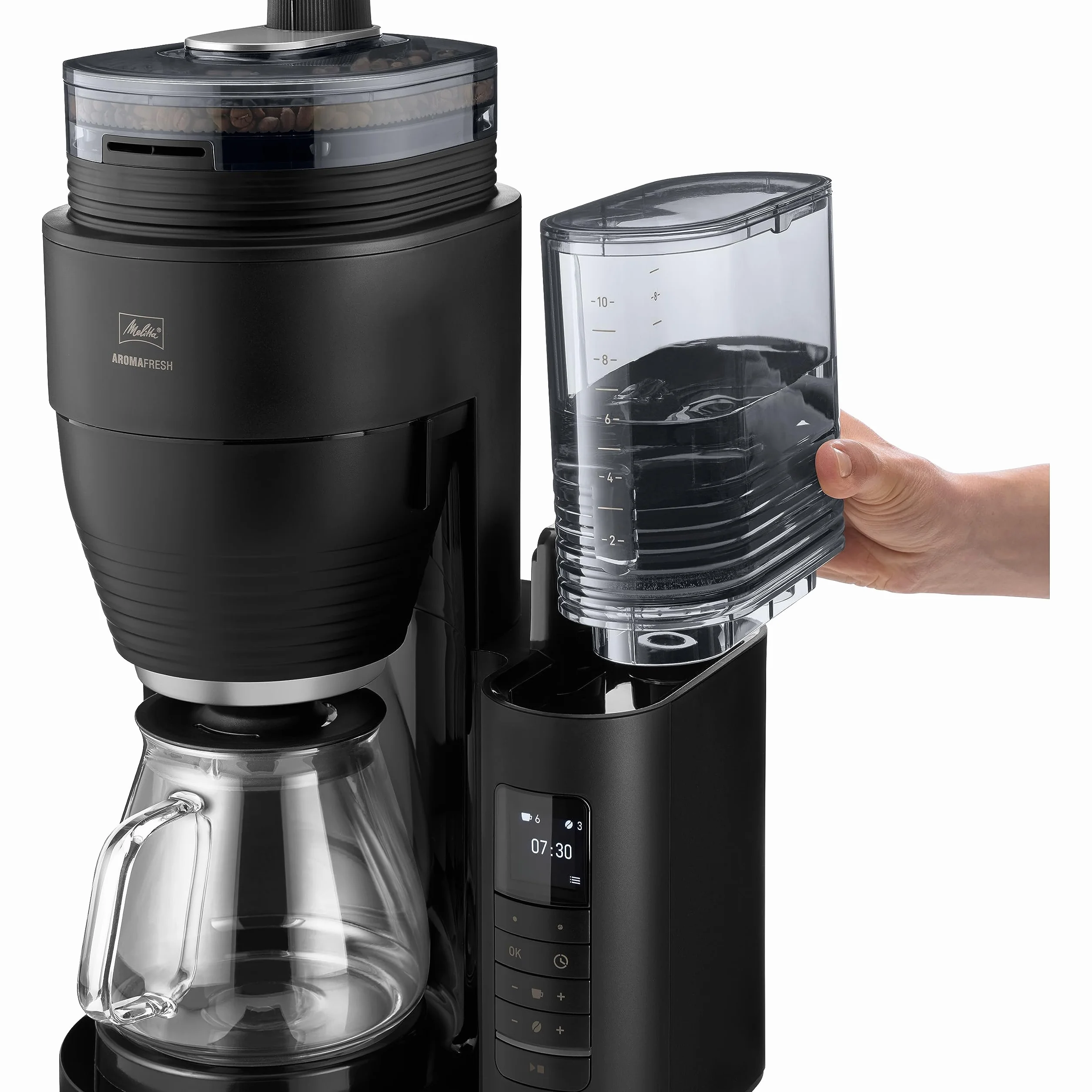 Melitta AromaFresh Pro X - Cafetera de goteo con molinillo integrado, cafetera de filtro con jarra térmica y depósito de agua extraíble, máquina de café para hasta 10 tazas, negro
