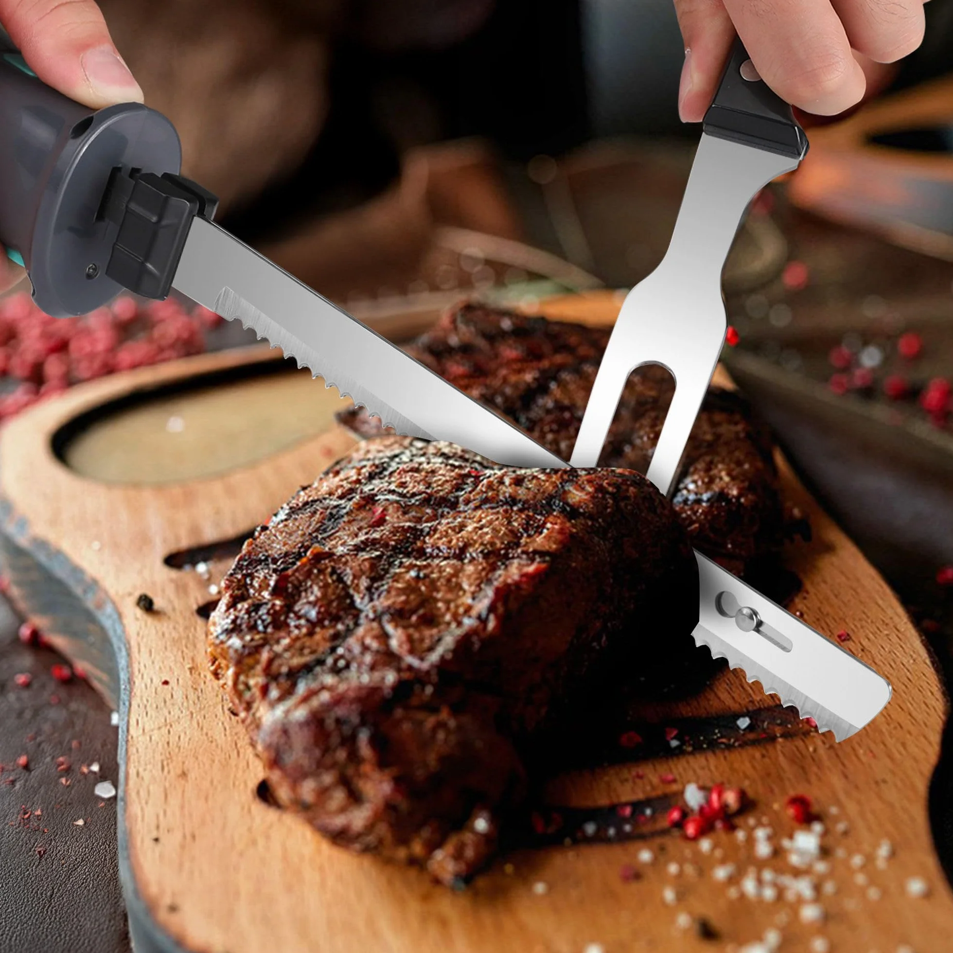 HAUSHOF Cuchillo Eléctrico 8V - Cuchillo de Cocina Inalámbrico, 2 Hojas de Acero Inoxidable, Tenedor Incluido, Apto para Lavavajillas, con Caja de Almacenamiento, Ideal para Carne, Pan, Jamón y Queso