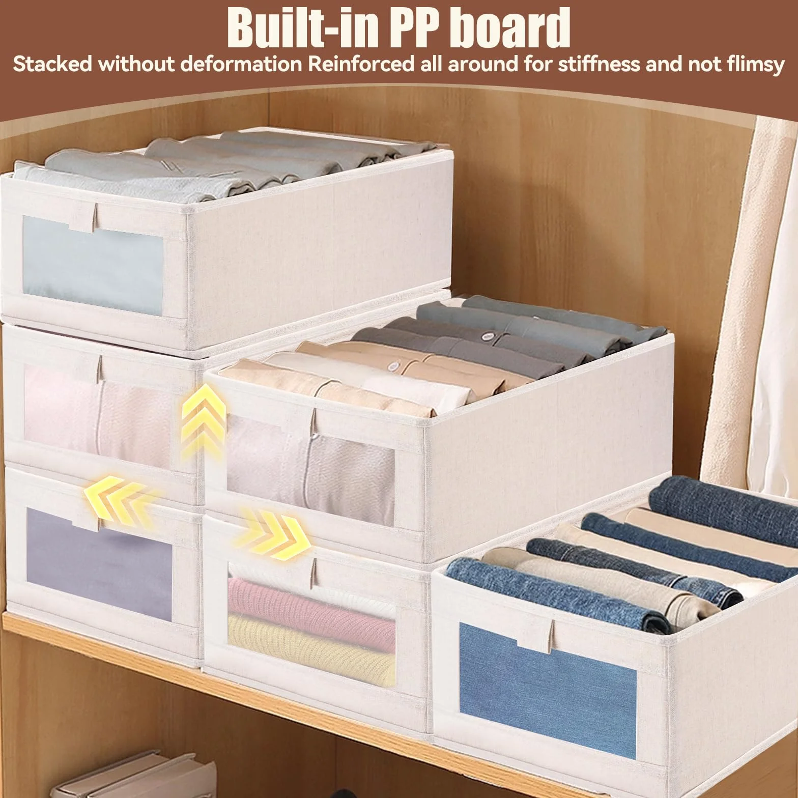 Caja de almacenamiento,juego de 3 Organizadores Plegables,Cestas de Tela con ventana transparente para armario,Organizador Armario, para Ropa, libros, Dormitorio, Estanterías,40 x 27 x 17 cm