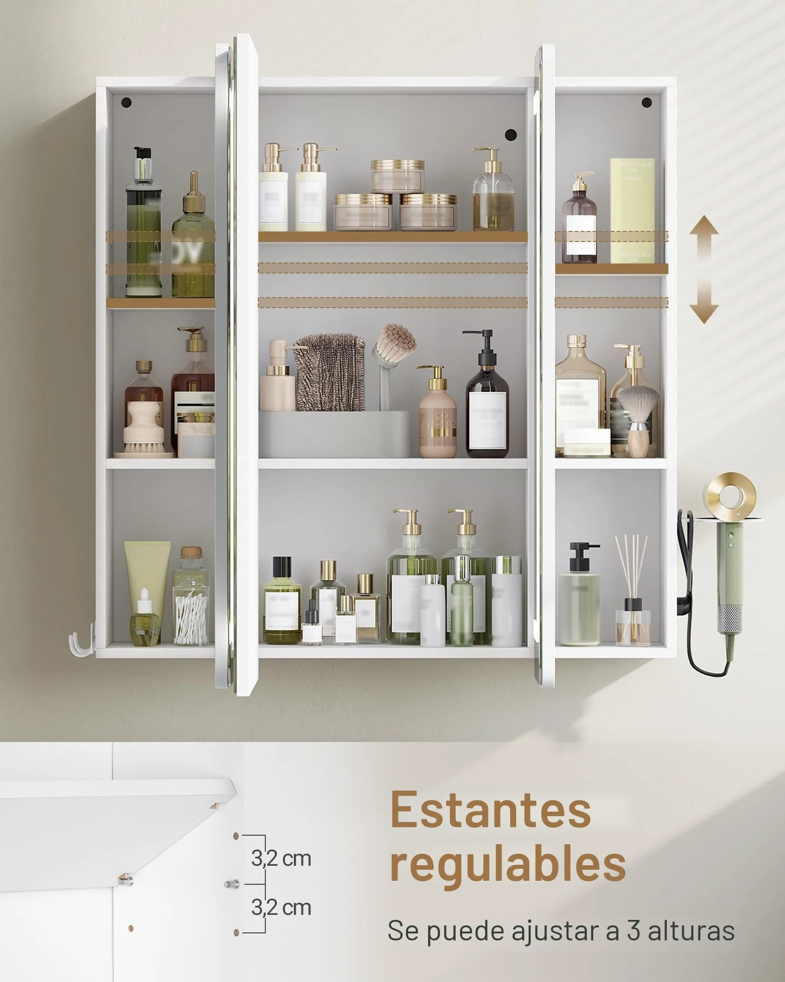 Armario Espejo Baño con Luz LED, Espejo Plegable 3 Puertas, Estantes Ajustables, 16,5x80x75 cm Blanco