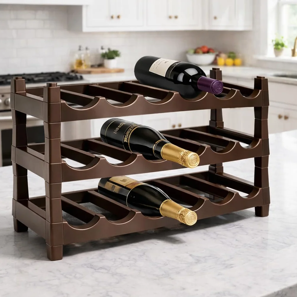 Ichigo Ichie Botellero de Plástico Apilable de 3 Niveles para 18 Botellas, Estanterías para Botellas de Vino, Estante de Almacenamiento para Exhibición de Vinos, Ideal para Hogar, Bar y Bodegas