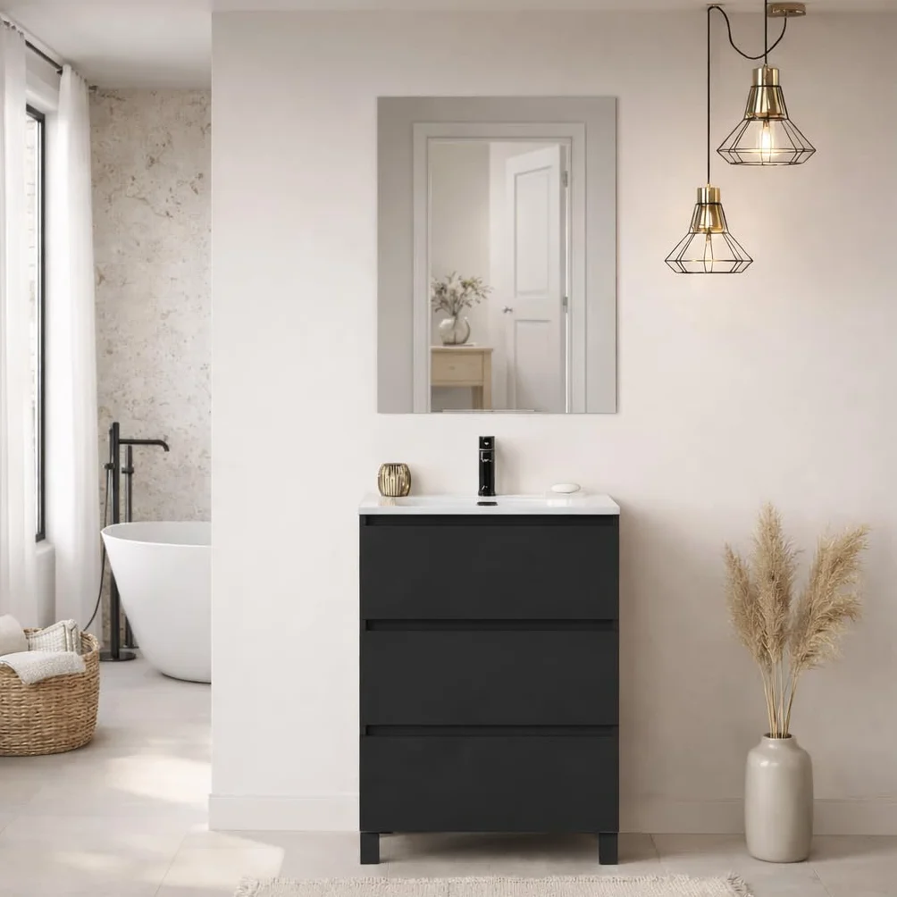 Baikal Mueble de Baño REN 70cm Negro Incluye Lavabo 3 Cajones Cierre Amortiguado