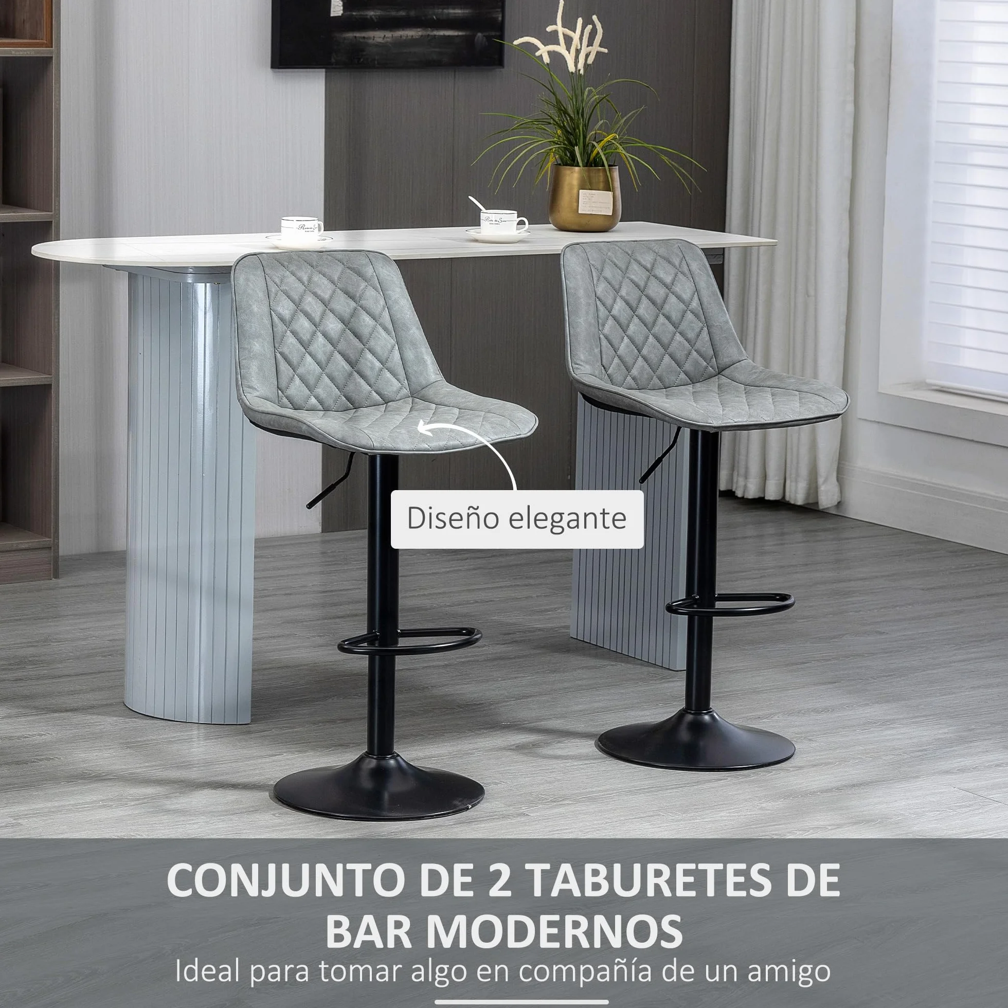 HOMCOM Juego de 2 Taburetes de Bar Giratorios, Taburetes Altos de Cocina con Altura Ajustable 86-106 cm, Sillas Altas de Cocina, Tapizada en Cuero Sintético, Respaldo y Reposapiés, Gris