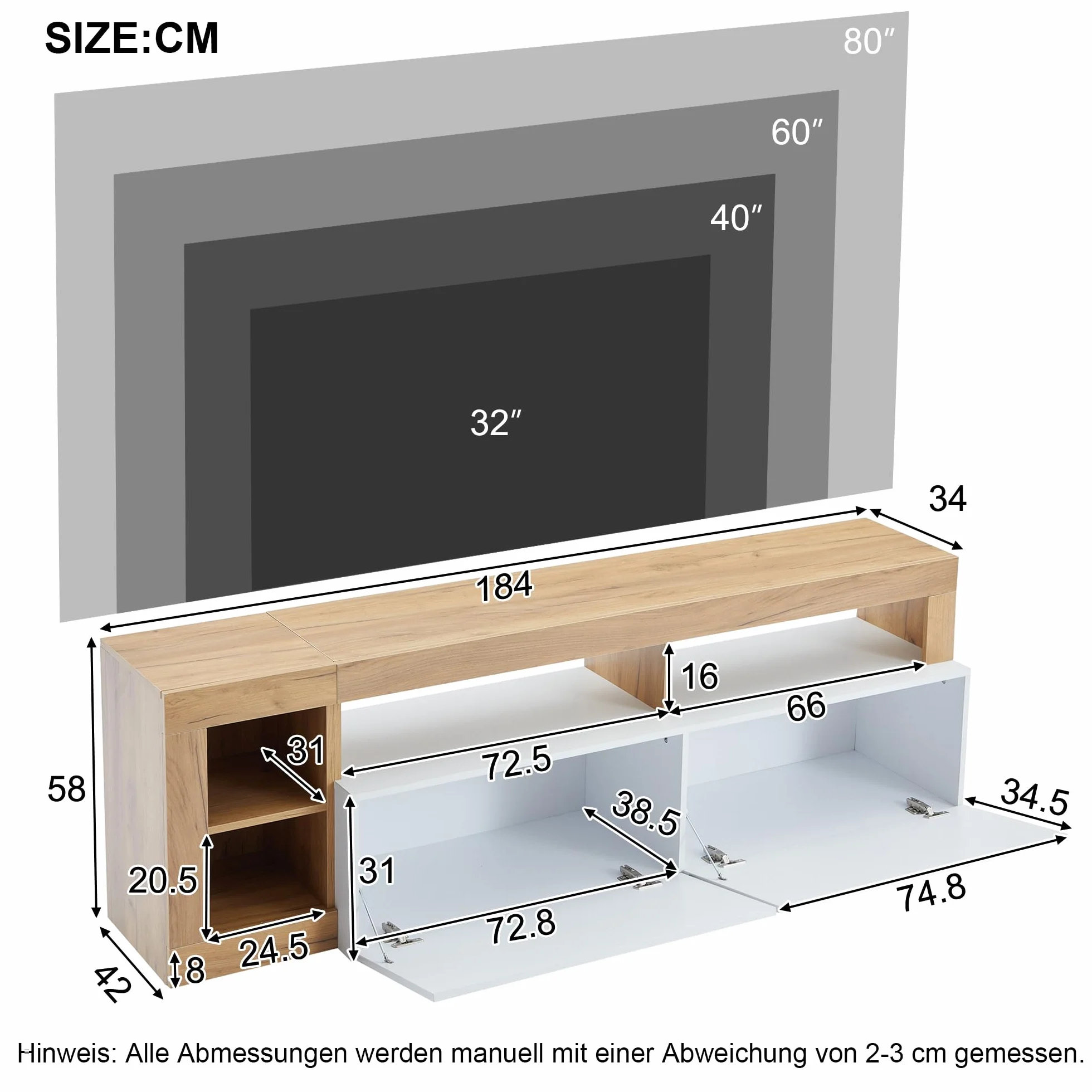 Mueble de TV moderno para televisores de hasta 80 pulgadas, espacio de almacenamiento abierto con luz indicadora LED, adecuado para armario de dormitorio y sala de estar, marco de madera