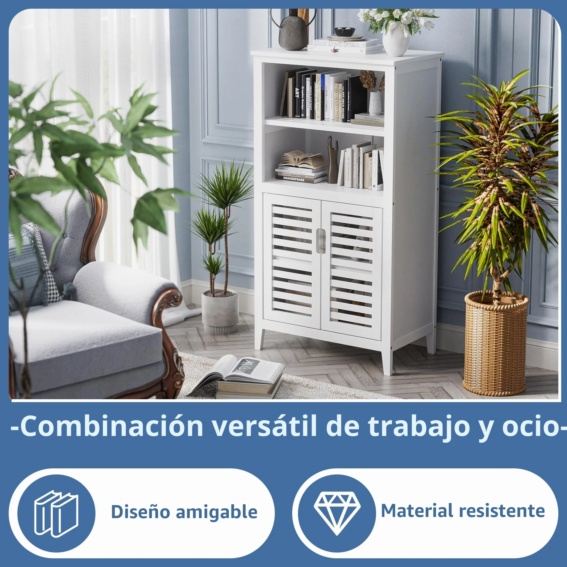 HITNET Mueble Baño Bambu, Armario Bajo Baño Auxiliar, Gabinete de Almacenamiento con Doble Puerta, Estante Ajustable, para Sala de Estar, Cocina, Entrada, Blanco