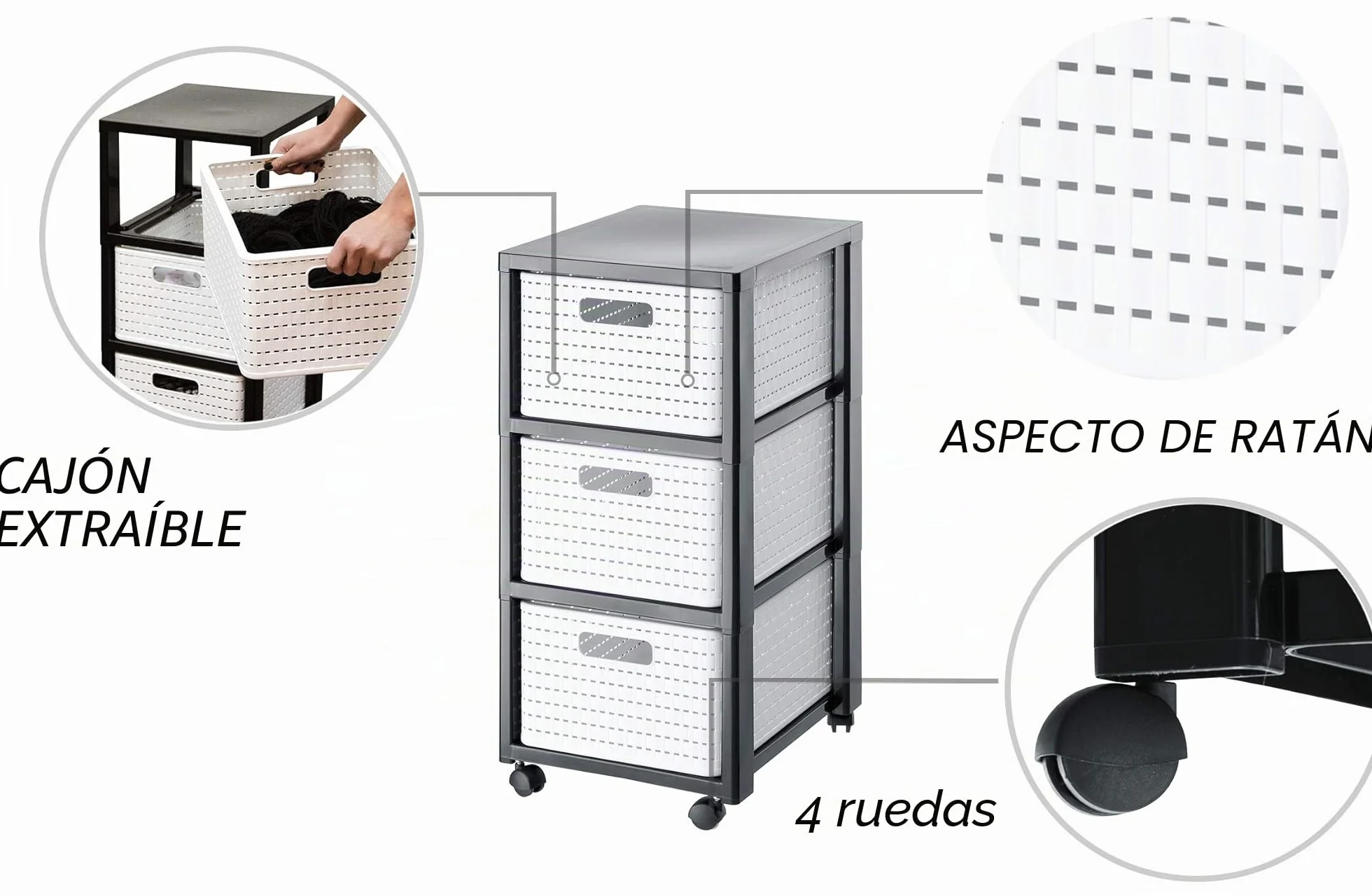 Rotho Country Contenedor rodante con 3 cajones en apariencia de ratán, Plástico (PP) sin BPA, blanco, 3 x A4/18l (37.5 x 32.5 x 71.2 cm)