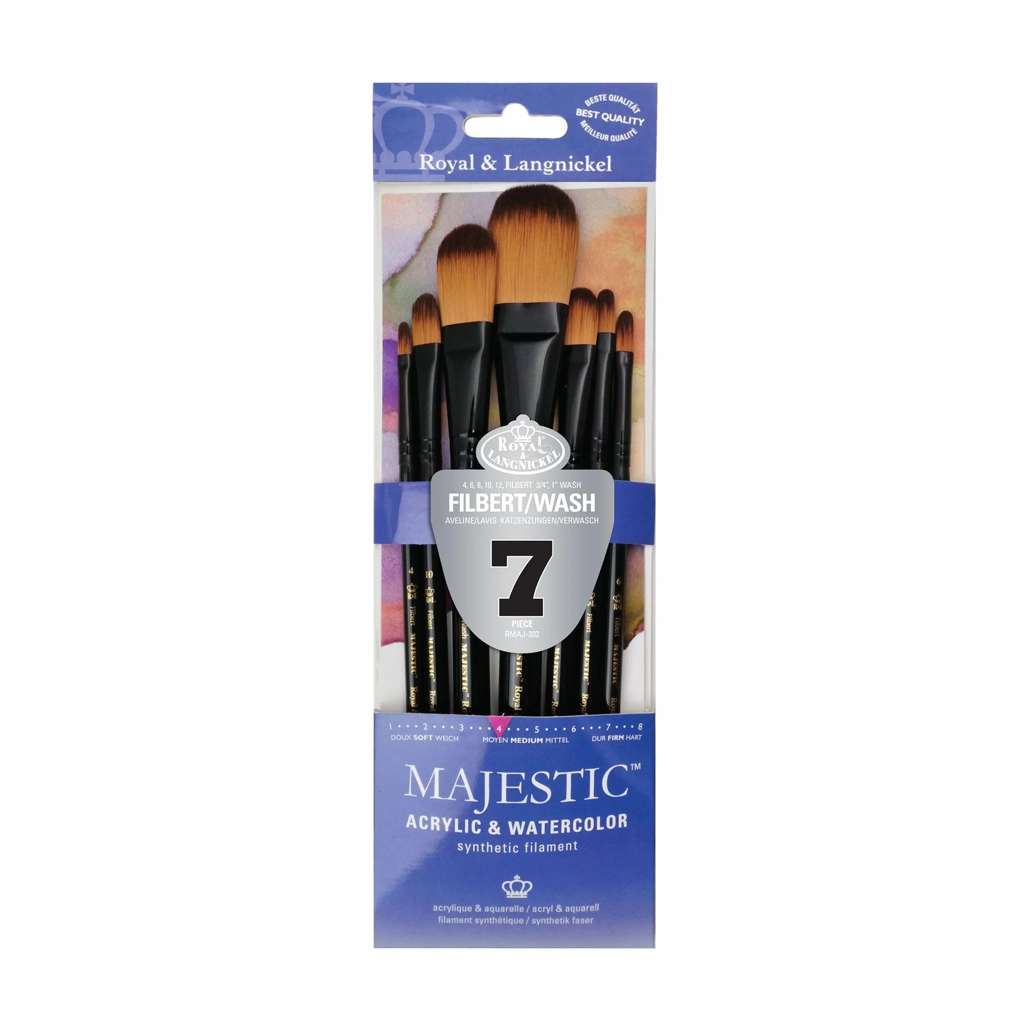 Royal & Langnickel Majestic Juego de Pinceles de Pintura con Mango Corto, Filbert y Oval Wash, Juego de 7 Piezas