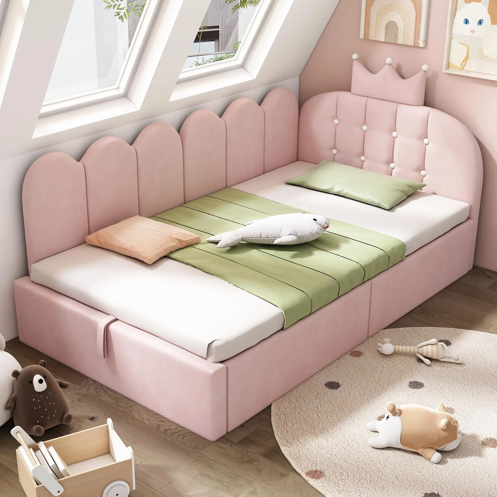 Mrwoo Cama día 90x190 cm con Almacenamiento Hidráulico, Sofá Cama con Diseño de Corona y Rejilla, Cama Infantil, Terciopelo, Rosa(Sin Colchón)