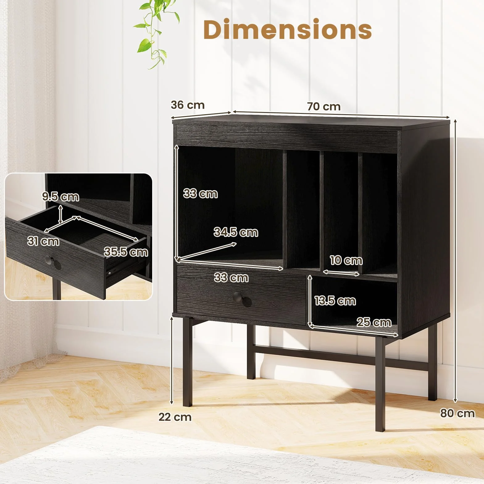 KOMFOTTEU Soporte para Tocadiscos, Mueble para Discos de Vinilo con Cajón y Compartimentos Abiertos, Negro