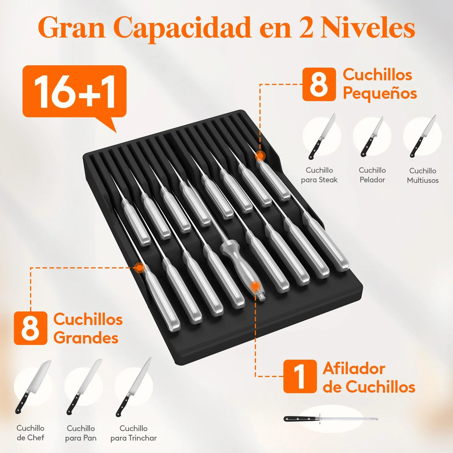 Lifewit Organizador Cuchillos Cajon, Porta Utensilios de Cocina para 16 Cuchillos y Afilador, Bloque Plastico para Cuchillo de Chef y Bistec, Almacenamiento Negro