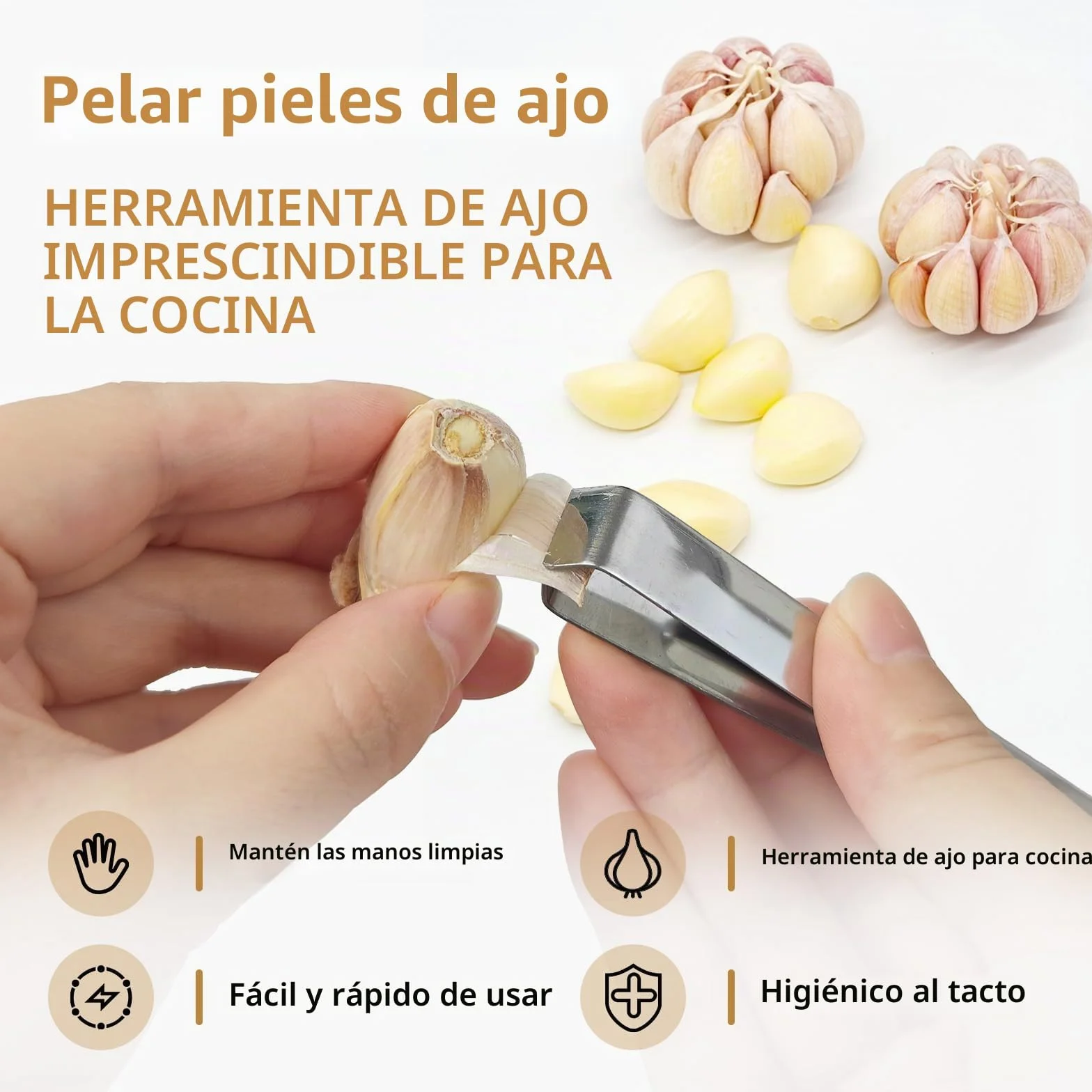 Prensa Ajos Acero Inoxidable Profesional Ergonómico Set Cocina con Pelador y Cepillo Apto Lavavajillas