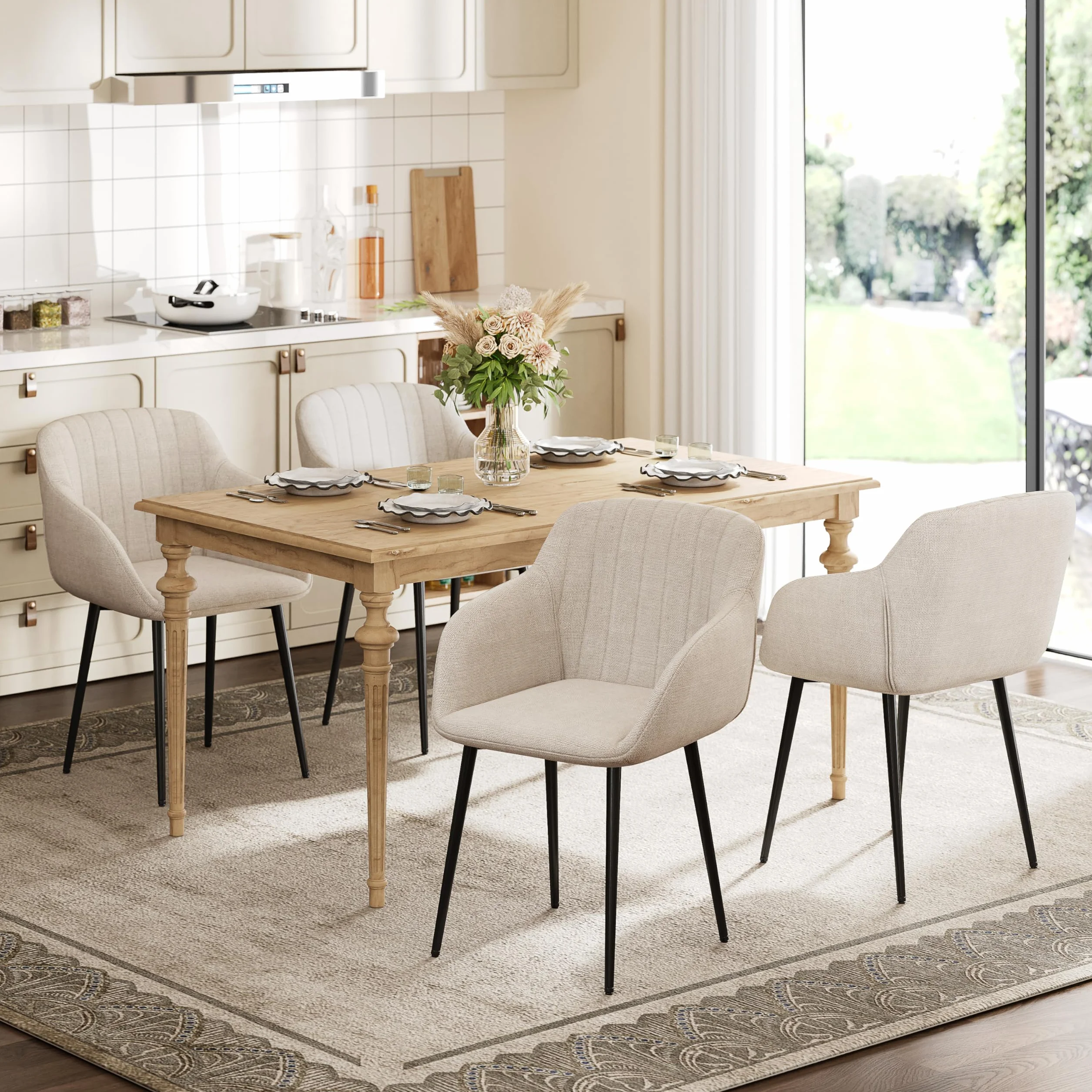 Juego de 6 Silla de Comedor Beige con Reposabrazos, Silla Tapizada en Lino con Patas Metálicas, Estilo Moderno, Unidad Individual para Comedor Salón