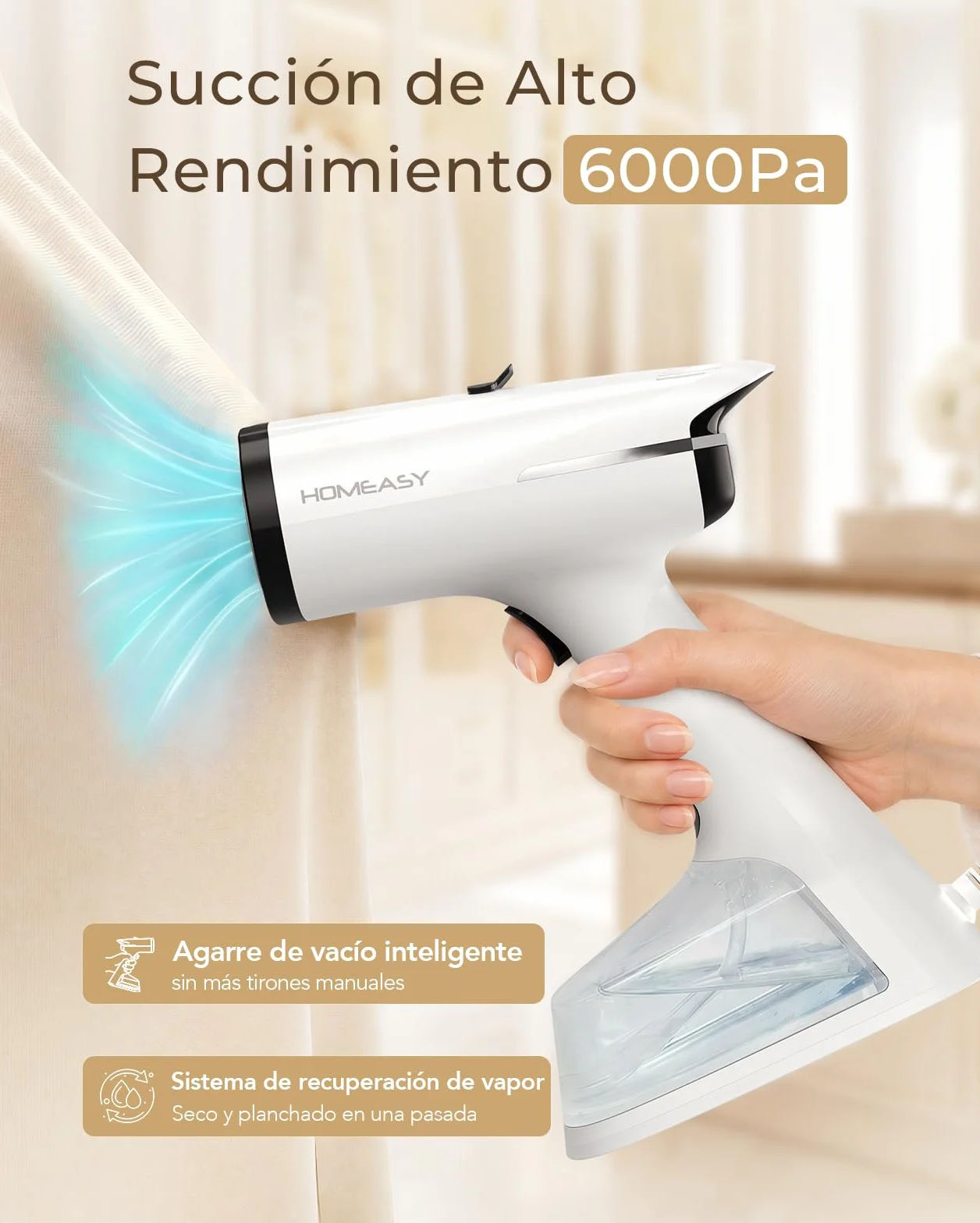 HOMEASY Plancha de Vapor Portátil con Succión 6000Pa, Calentamiento en 25 Segundos, Depósito de 270ml, 2 Niveles de Vapor, Planchado Vertical para Ropa, Camisas, Vestidos y Cortinas