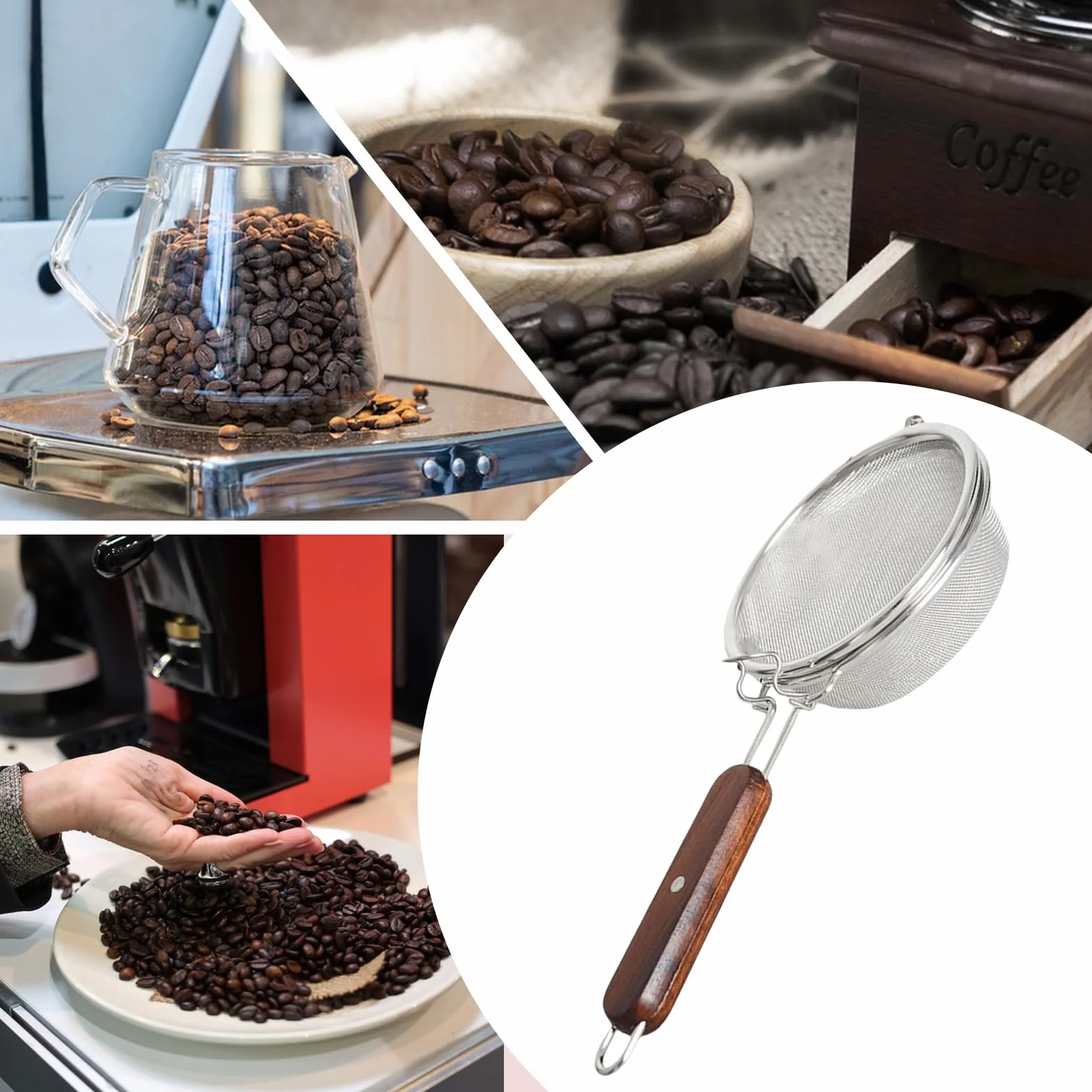Stainless Steel Coffee Bean Roaster Pan 5,55 Pulgadas Lightweight 185 g Wooden Handle for Home Café