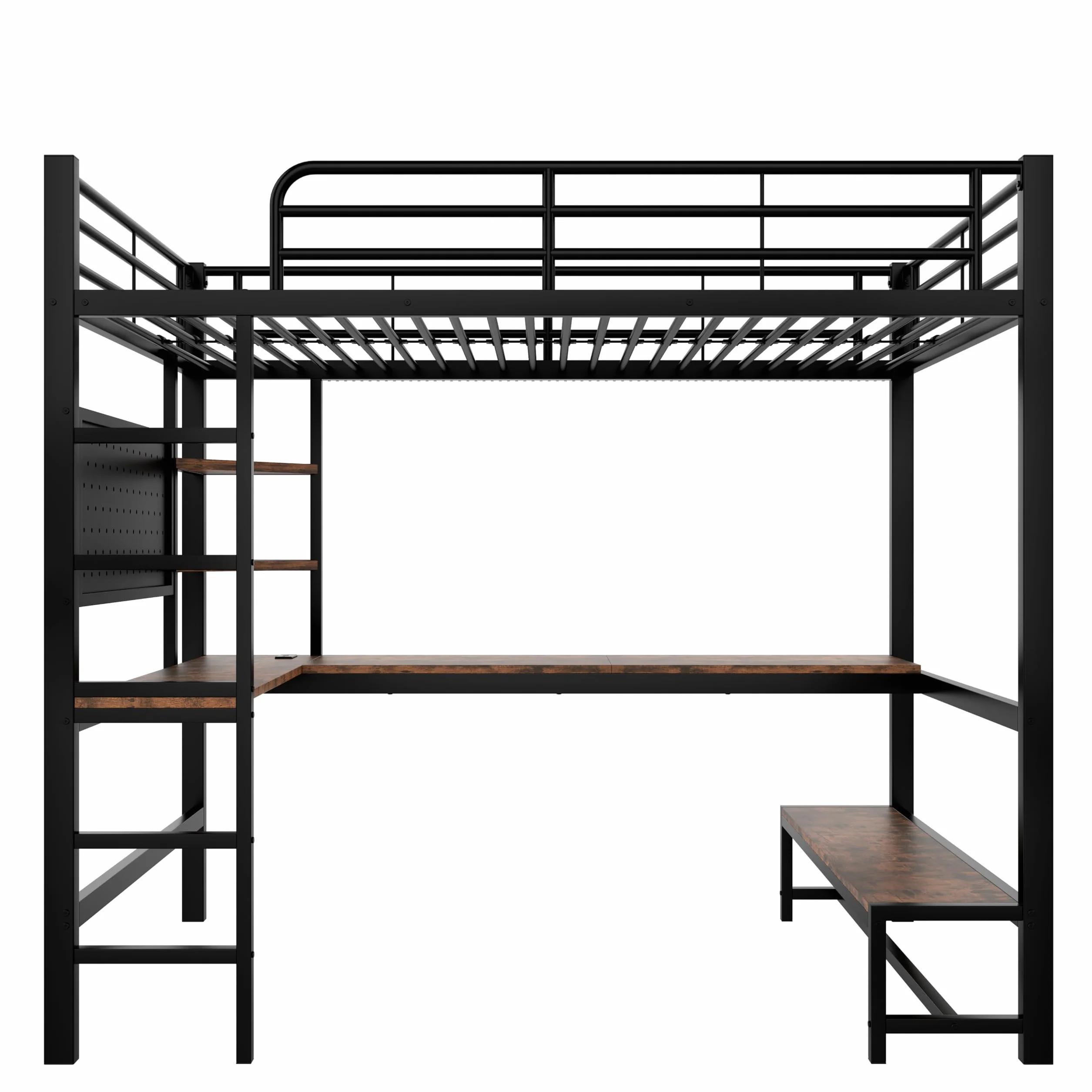 Lubvtti Cama alta 90x200, con escritorio, toma USB+TYPE-C, tira LED, estantes, panel perforado, cama apilable para niños, estructura de cama infantil de hierro (B-Negro)