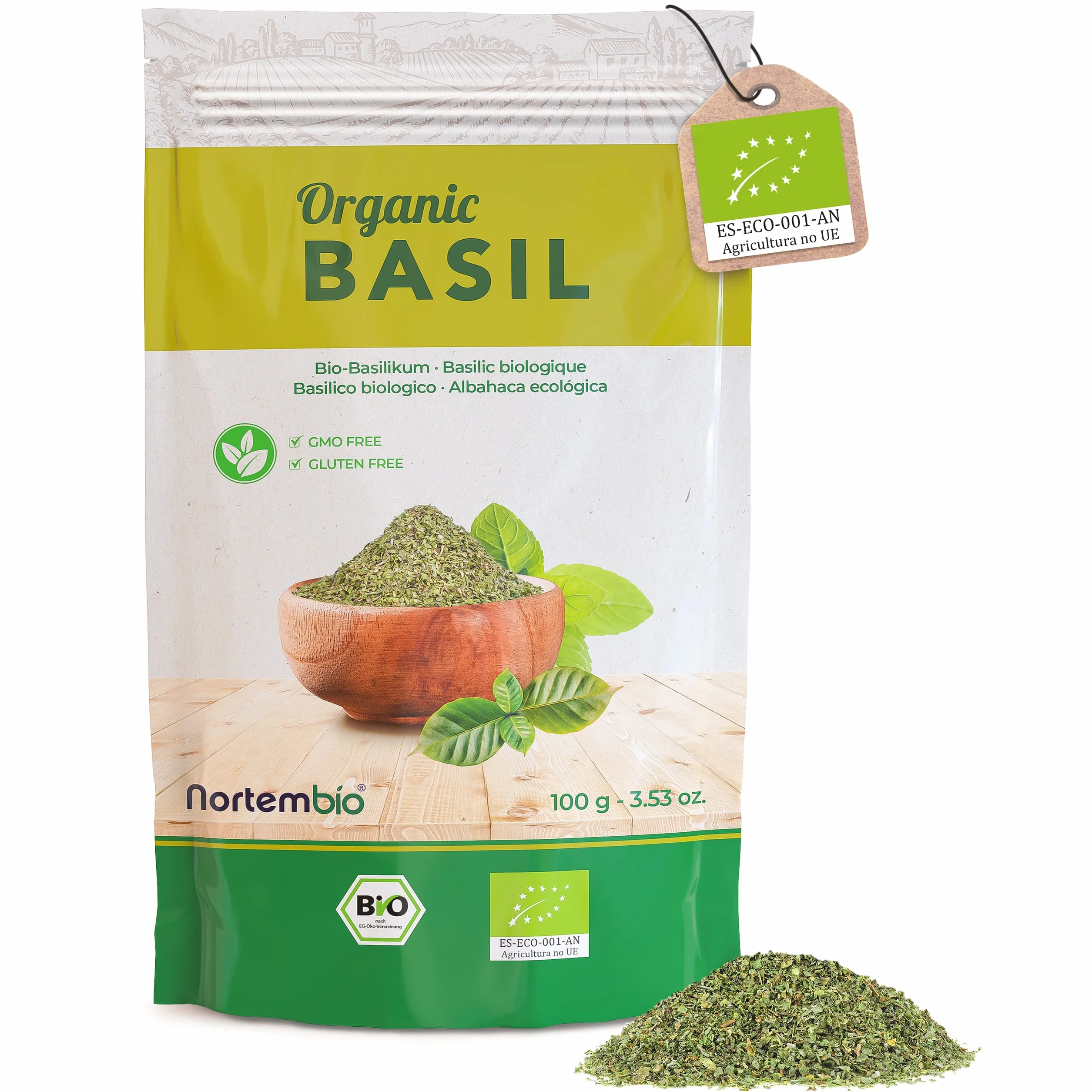 Nortembio Albahaca Ecológica en Polvo 100 g Especia Natural Gourmet sin Aditivos para Pesto, Salsas, Ensaladas