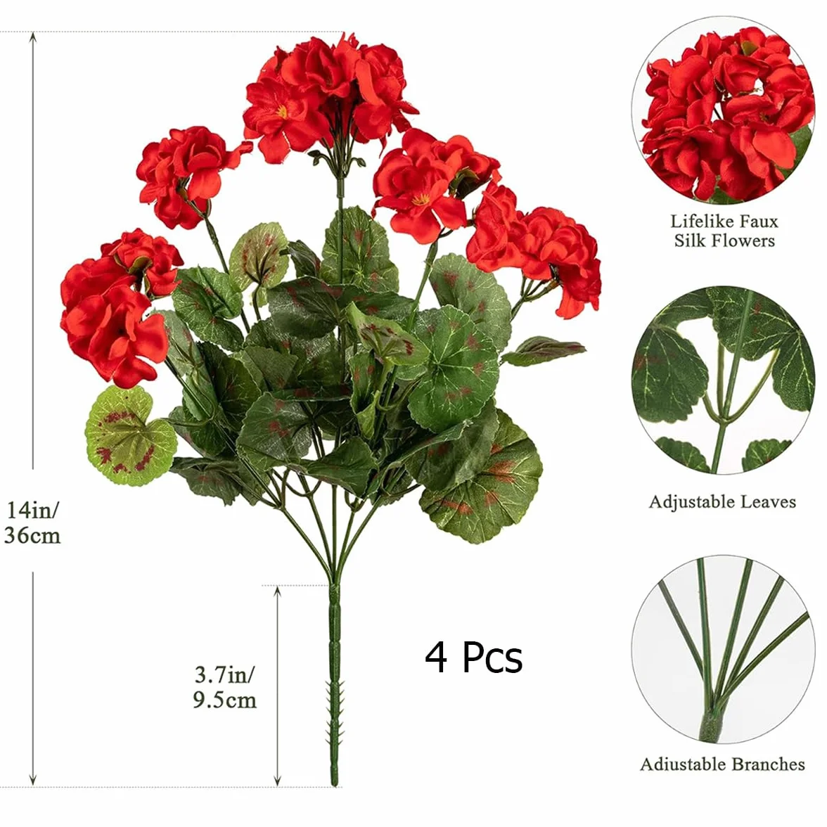 Geranios Artificiales Exterior Laelfe 4 Ramos Flores Decoracion Hogar Balcón Jardin Patio Maceta Colgante Rojo