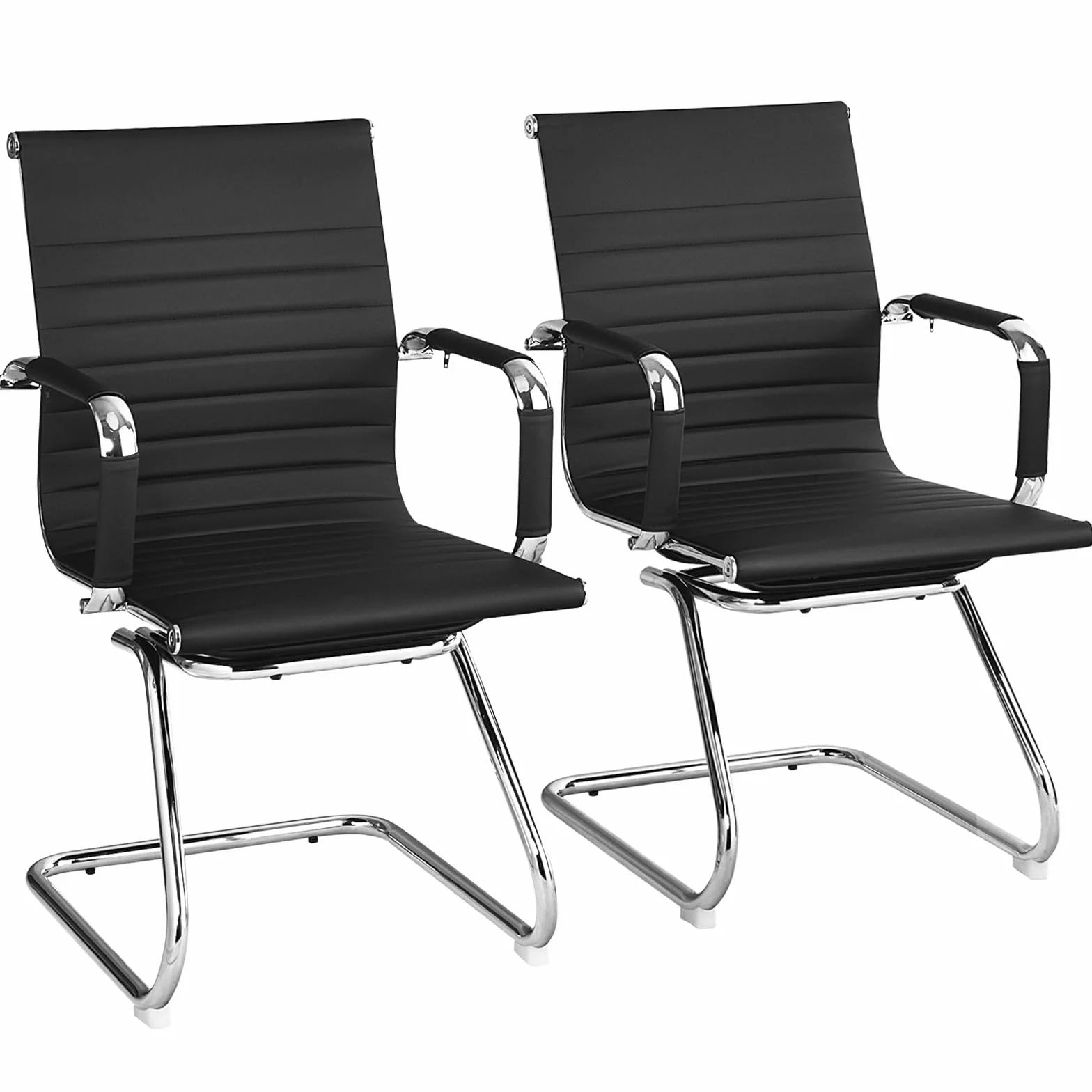 GIANTEX Juego de 2 Sillas de Oficina Ergonómicas, Marco de Metal Resistente y Asiento de Cuero Sintético, Carga hasta 120 kg, Sillas para Reunión, Conferencia, Sala de Espera, Negro