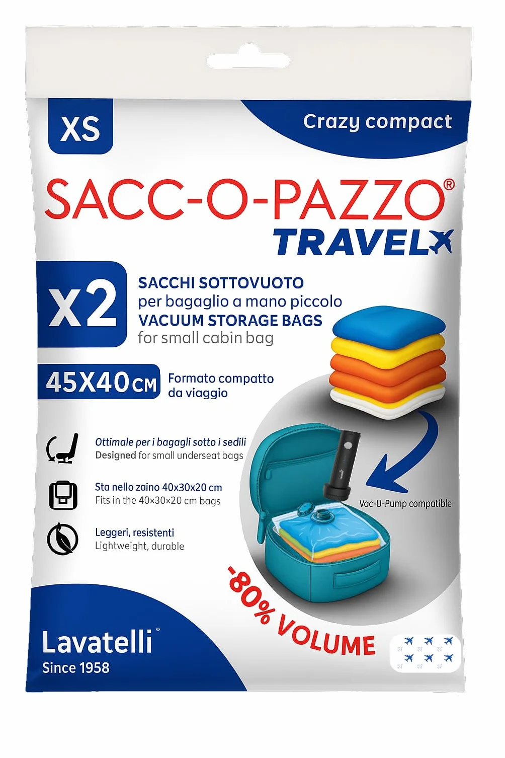 Lavatelli Juego de 2 bolsas de viaje al vacío 40x45 cm compatibles mochila Ryanair 40x30x20 equipaje de mano válvula universal reutilizables