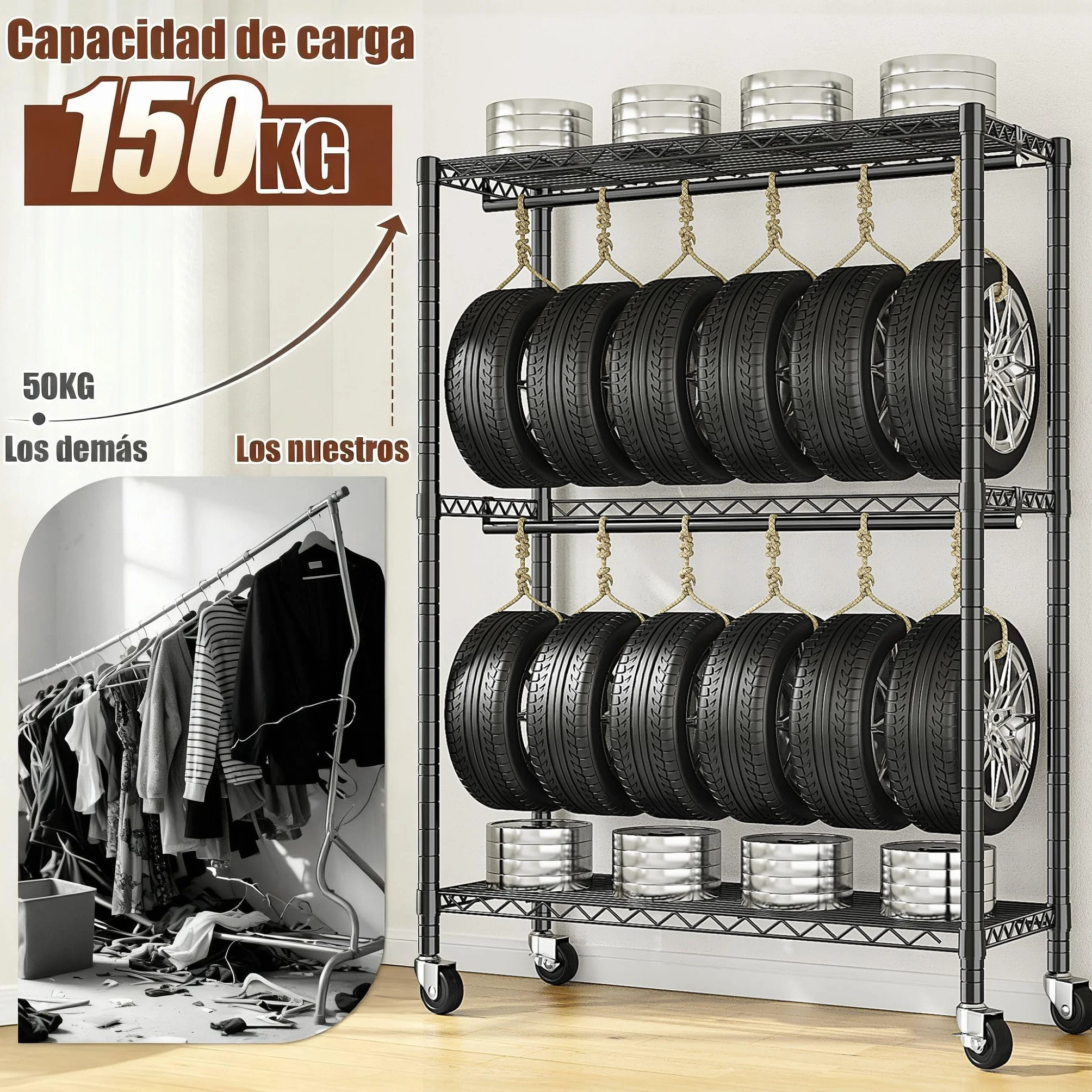Burro Ropa Resistente con Ruedas 90x40x200cm Doble Barra Colgadora Estante Ajustable Carga Pesada 150 kg
