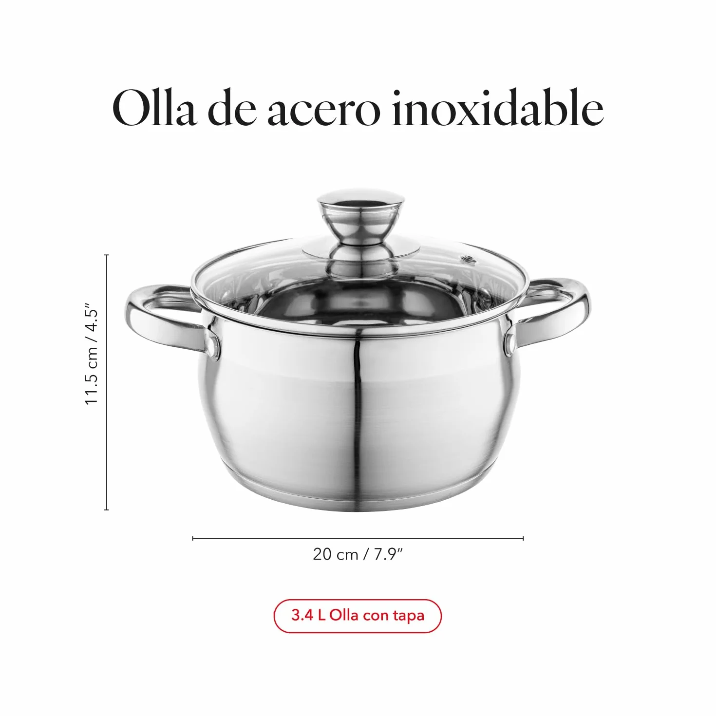 FLORINA Cacerola de Acero Inoxidable 3.4 L 20 cm con Tapa de Cristal OLIVER para Inducción