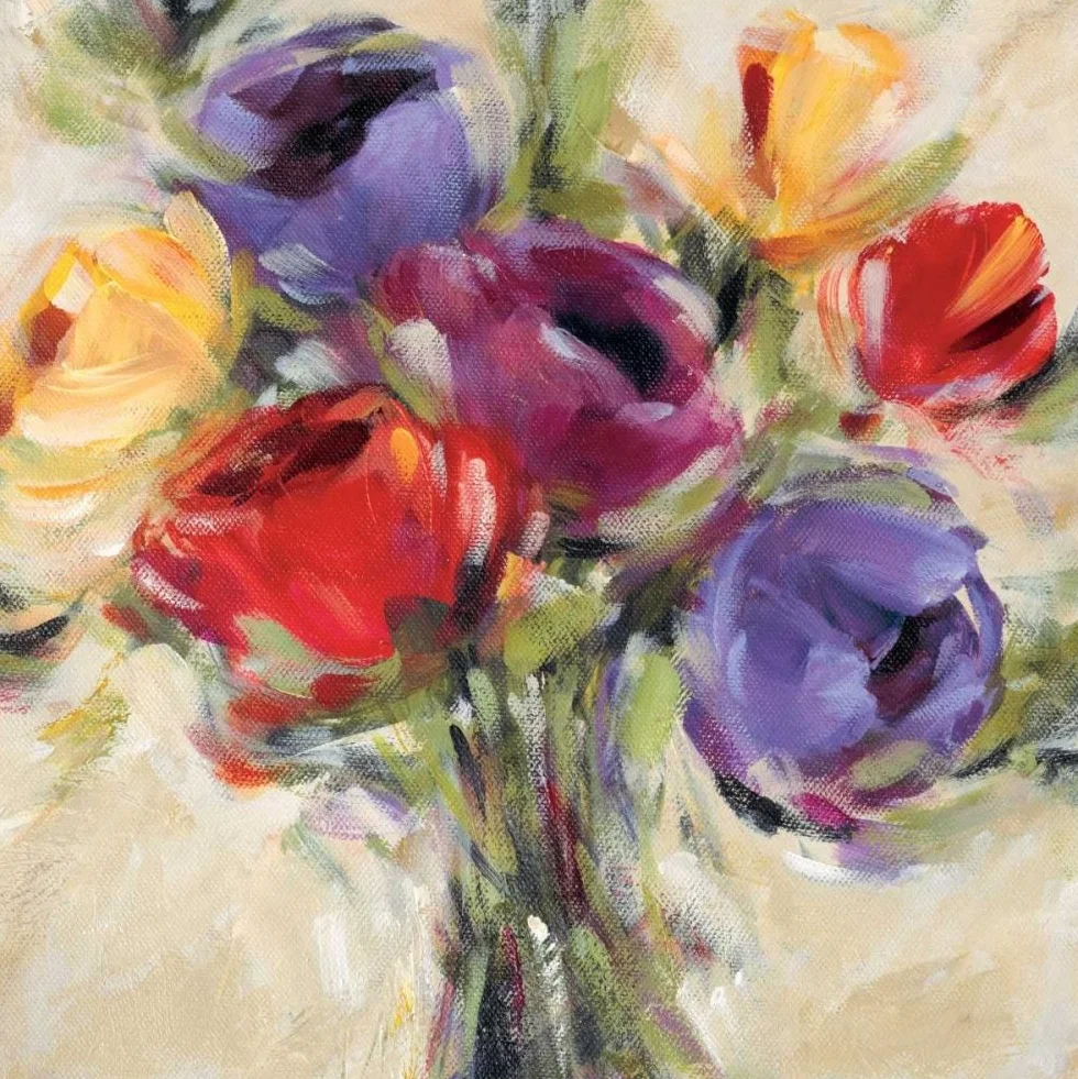 ART-CANVAS-estirado-en-BARRAS DE MADERA Rainbow Connection I King Miguel - Imagen cuadrada floral Flores Ramo de tallos coloridos Fine Art print 15_X_15_in