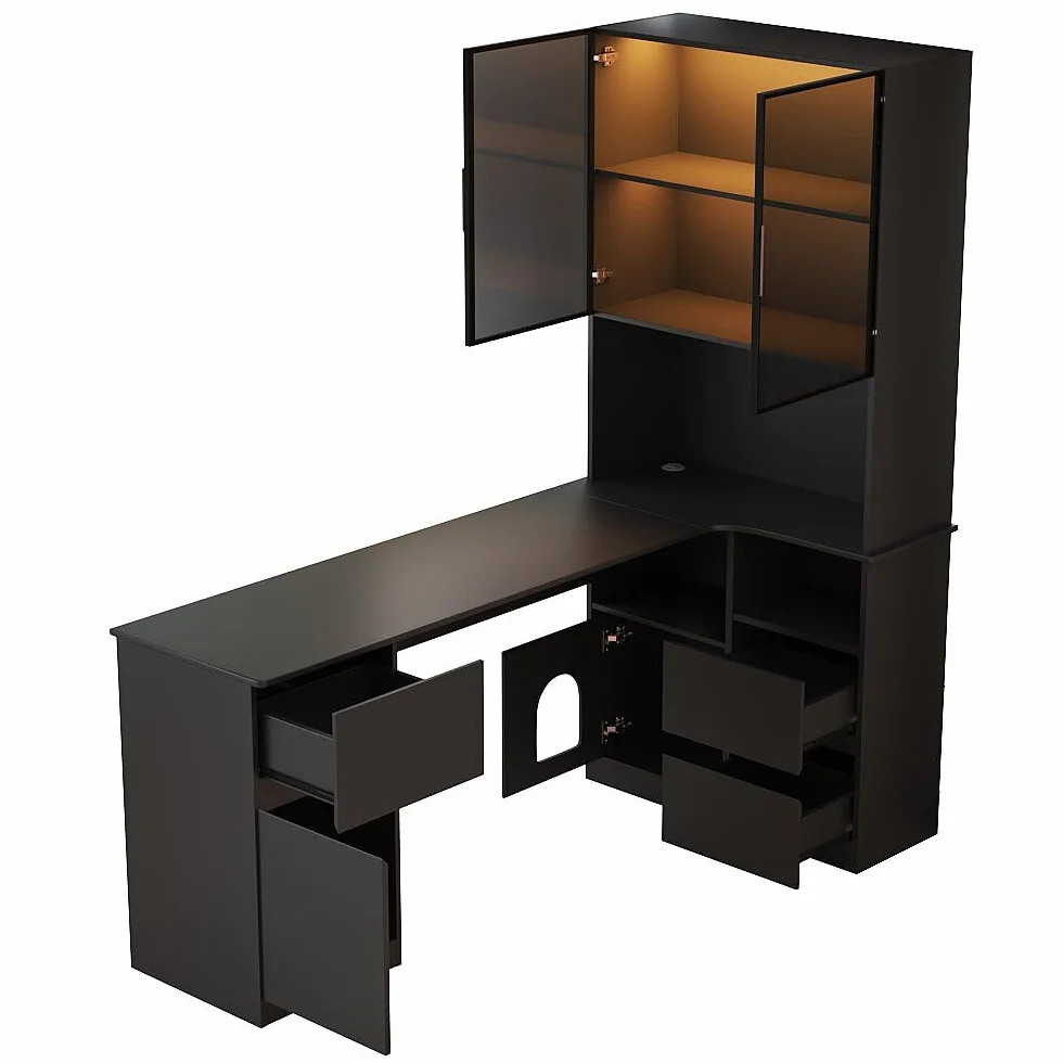 Escritorio de Esquina con Estante y Vitrina LED – Escritorio con gestión de Cables, Escritorio de Esquina con estantería integrada (Nero - Destra, 120×80×180 cm)