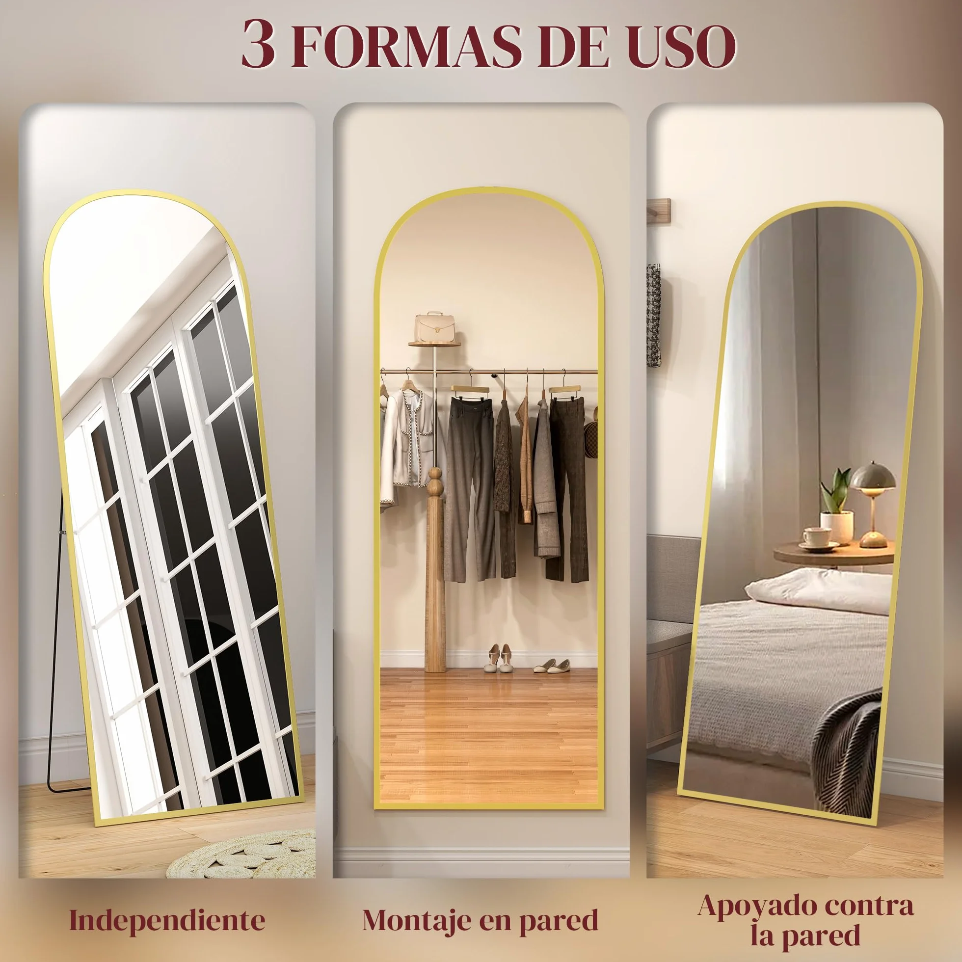 HOMCOM Espejo de Pie Cuerpo Entero de Aleación de Aluminio Espejo de Pared con 2 Formas de Uso Rectangular 60x1,5x165 cm Dorado